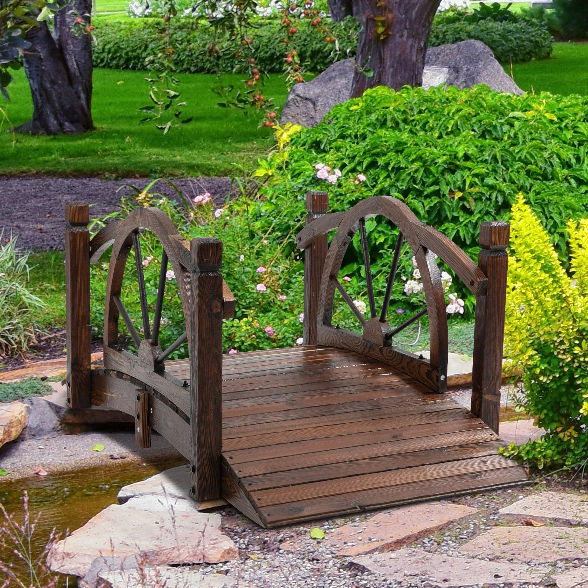 1.5M Wooden Garden Bridge Decorative Arc Footbridge with Safety Guardrail Outdoor Lawn Pond Bridge Walkway Stained Wood - Image 2