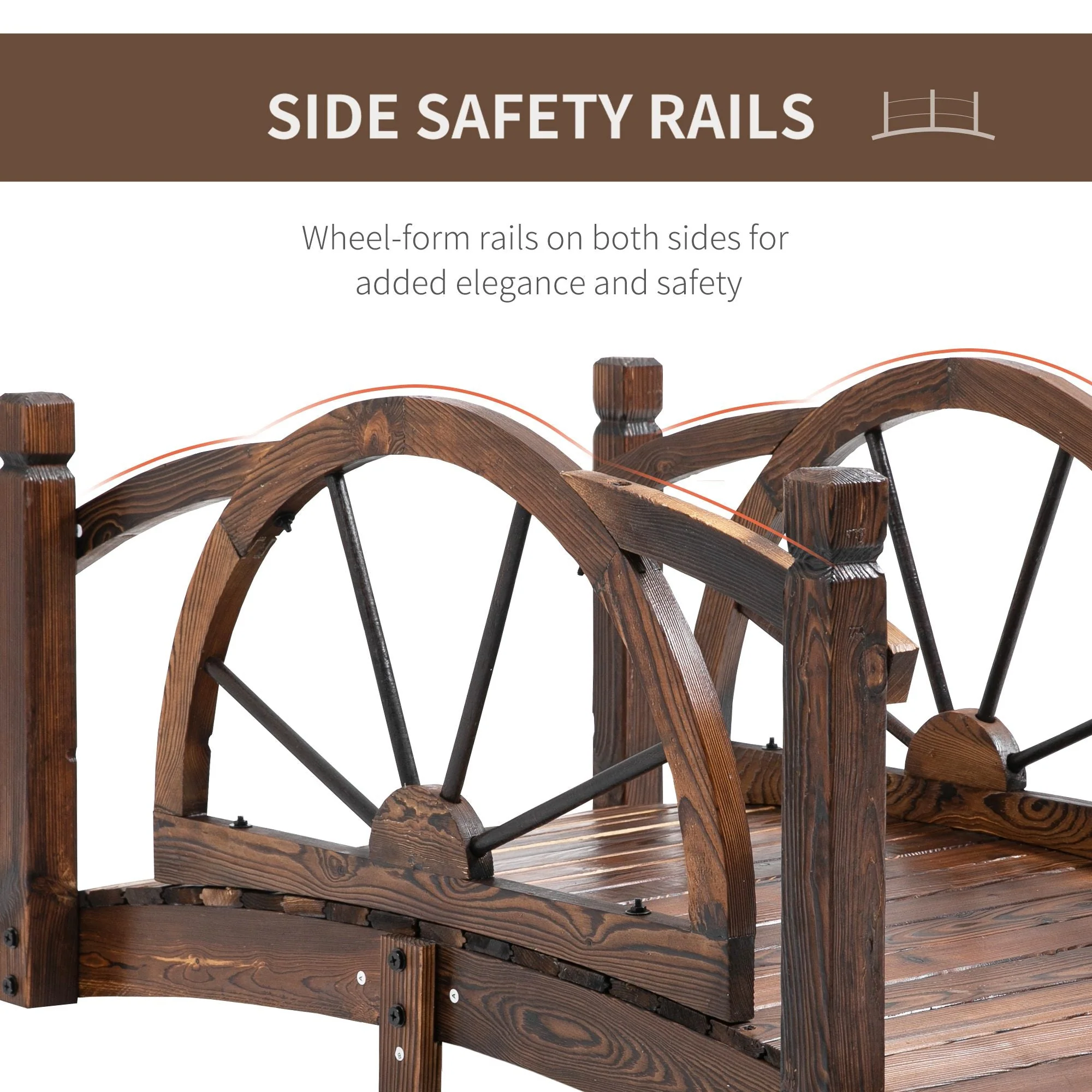 1.5M Wooden Garden Bridge Decorative Arc Footbridge with Safety Guardrail Outdoor Lawn Pond Bridge Walkway Stained Wood - Image 4