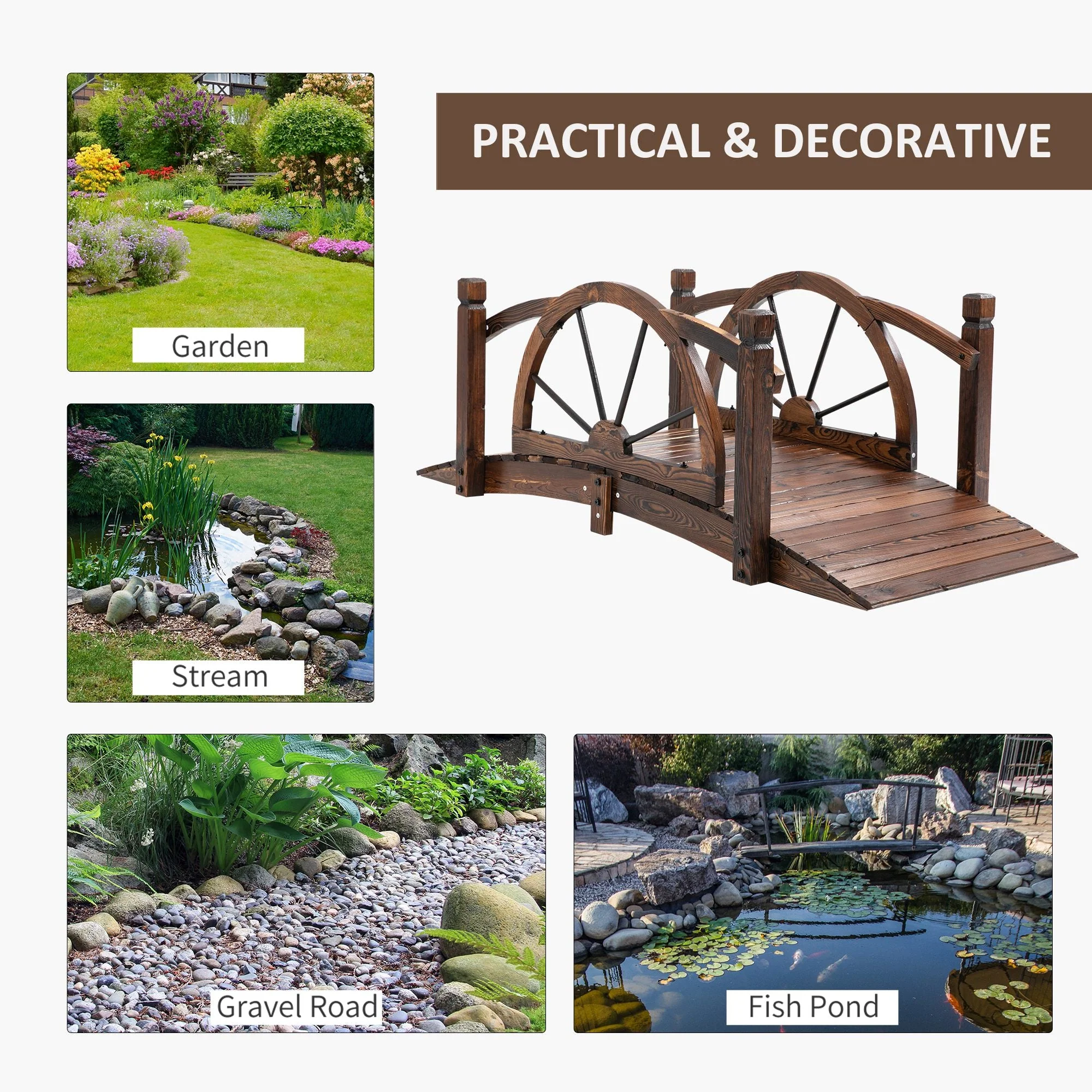 1.5M Wooden Garden Bridge Decorative Arc Footbridge with Safety Guardrail Outdoor Lawn Pond Bridge Walkway Stained Wood - Image 6