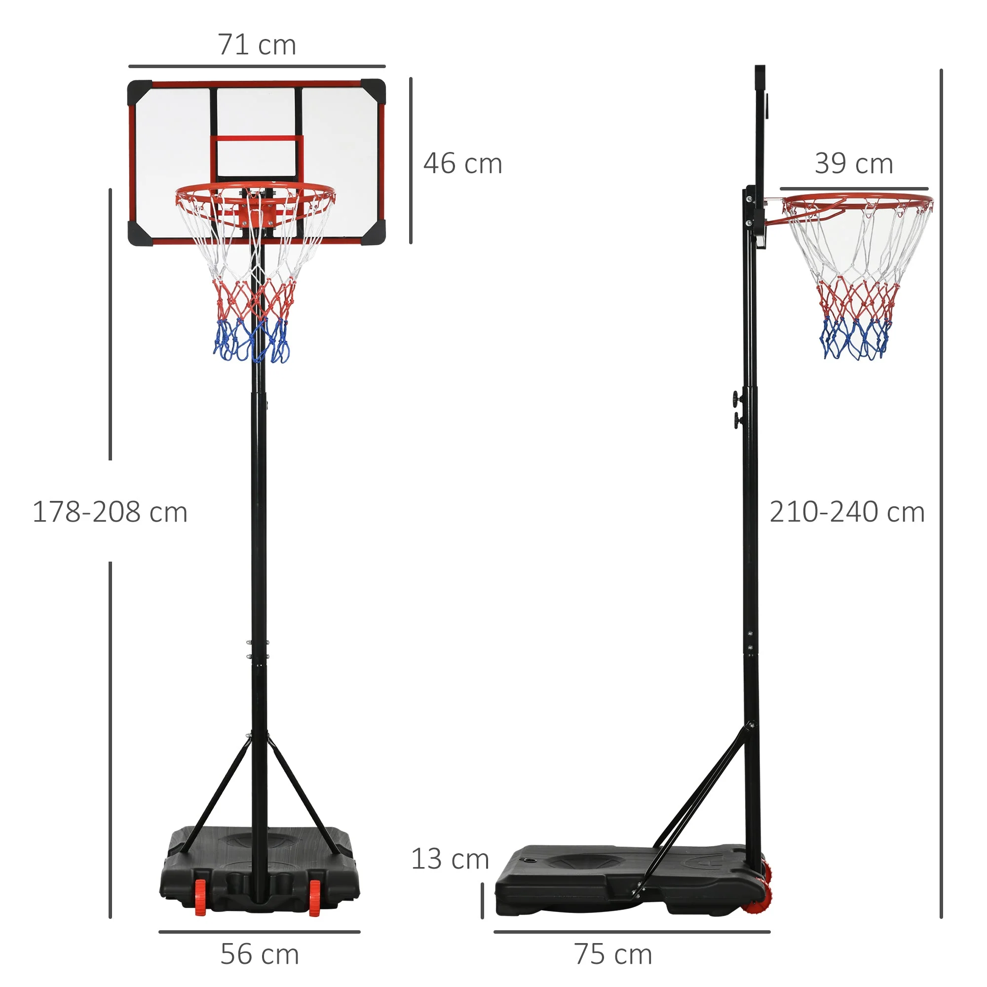 1.7 to 2M Adjustable Free Standing Basketball Hoop Weighted Base With Transit Wheels Black & Red by Sportnow - Image 3