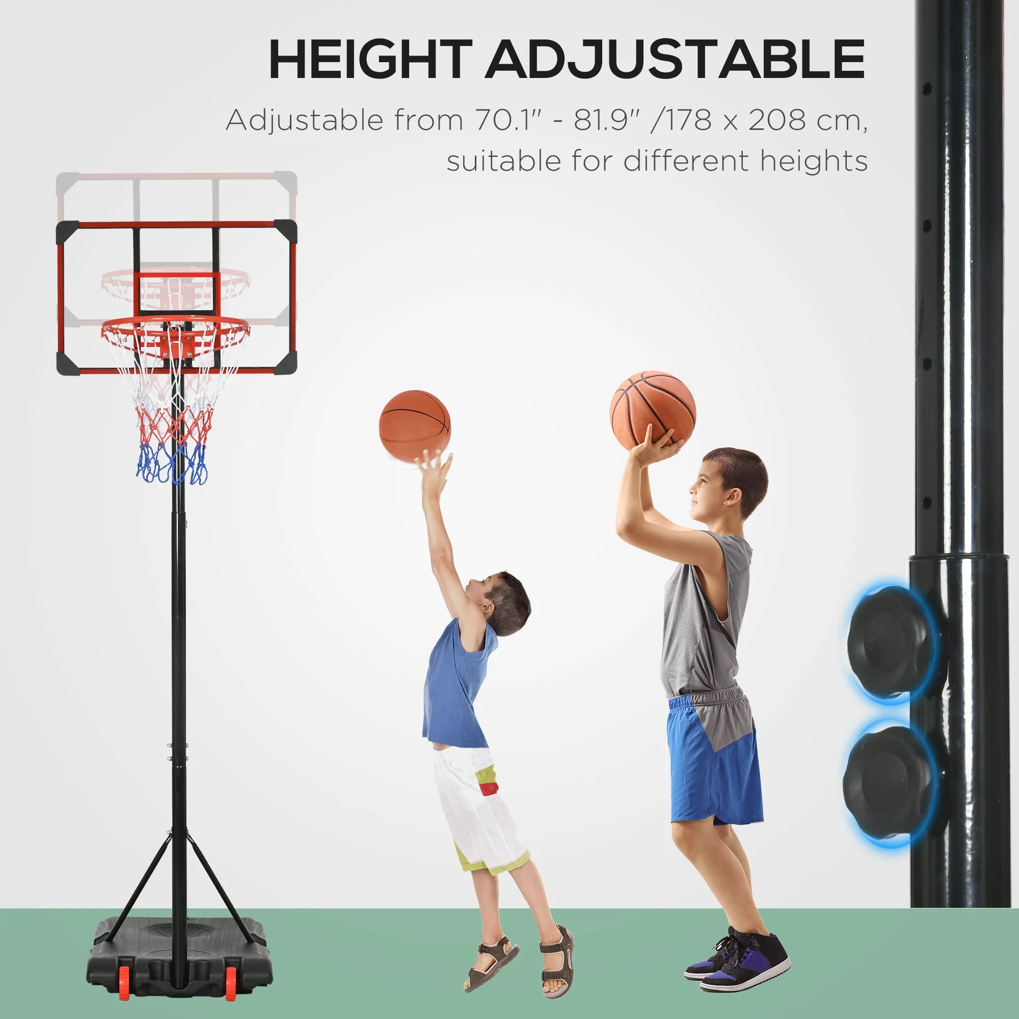 1.7 to 2M Adjustable Free Standing Basketball Hoop Weighted Base With Transit Wheels Black & Red by Sportnow - Image 4