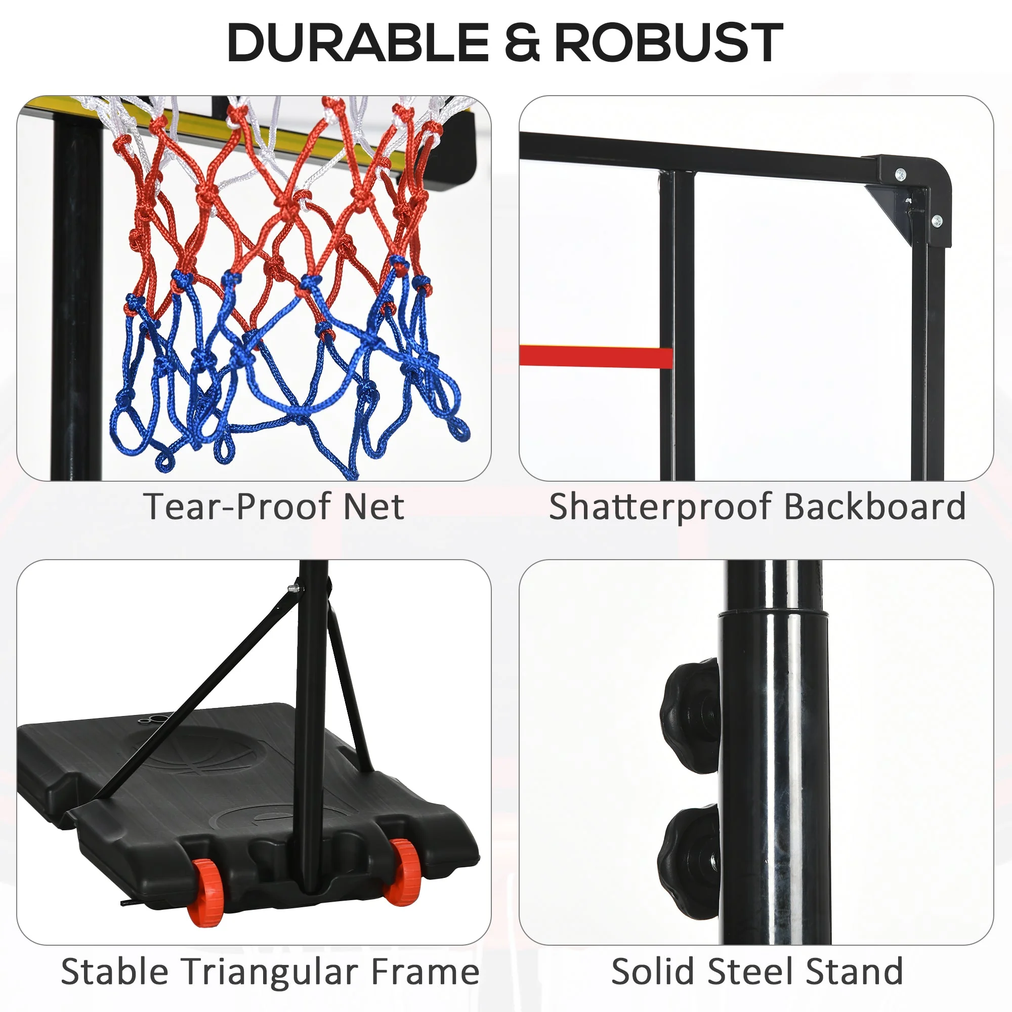 1.7 to 2M Adjustable Free Standing Basketball Hoop Weighted Base With Transit Wheels Black & Red by Sportnow - Image 7