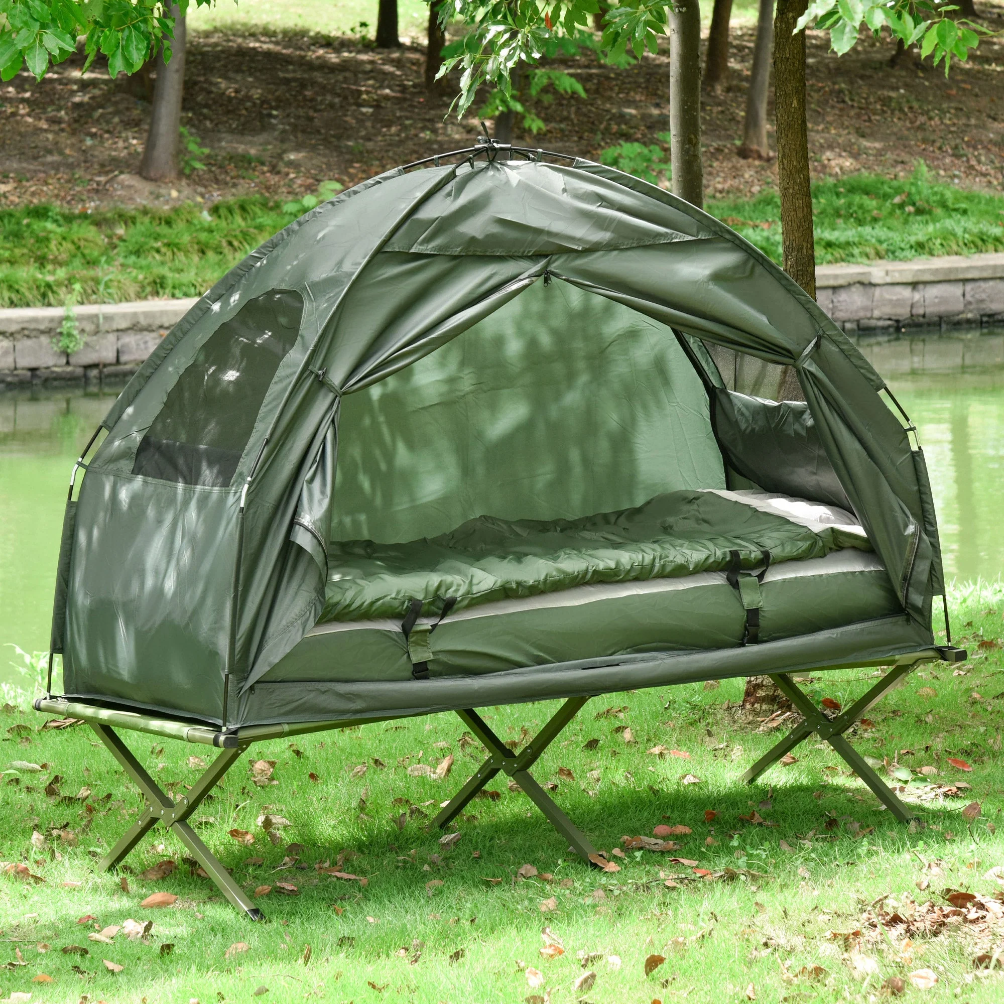 1-person Foldable Camping Tent W/ Sleeping Bag-Army Green - Image 2