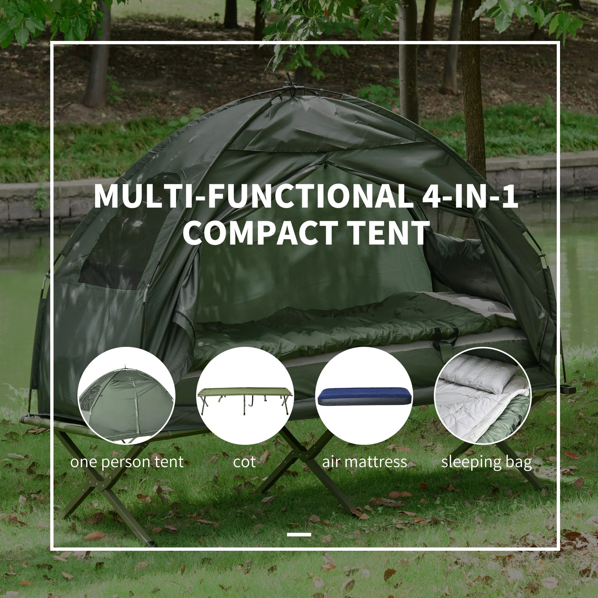 1-person Foldable Camping Tent W/ Sleeping Bag-Army Green - Image 4
