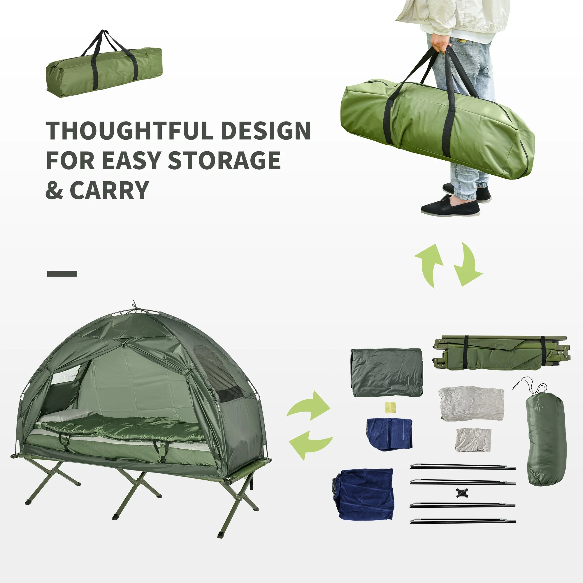 1-person Foldable Camping Tent W/ Sleeping Bag-Army Green - Image 5