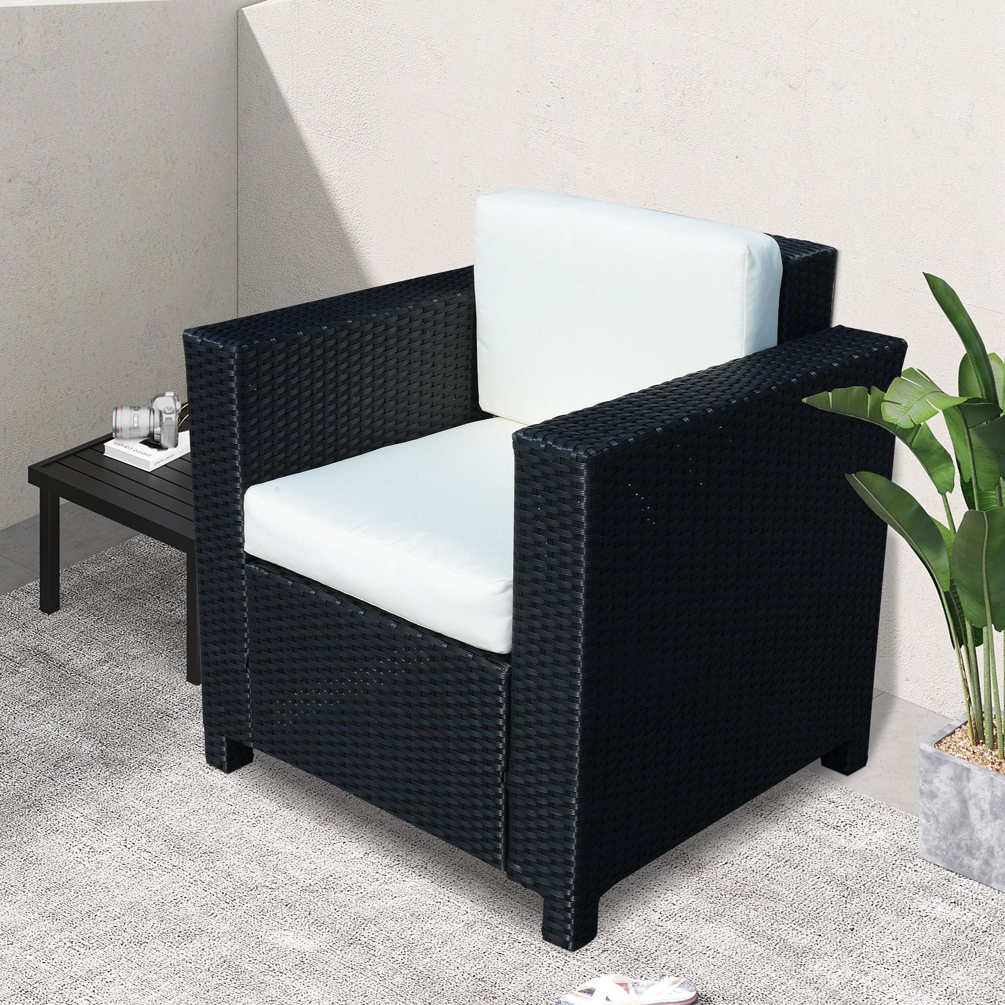 1 Seater Rattan Garden All-Weather Wicker Weave Single Sofa Armchair with Fire Resistant Cushion - Black - Image 2