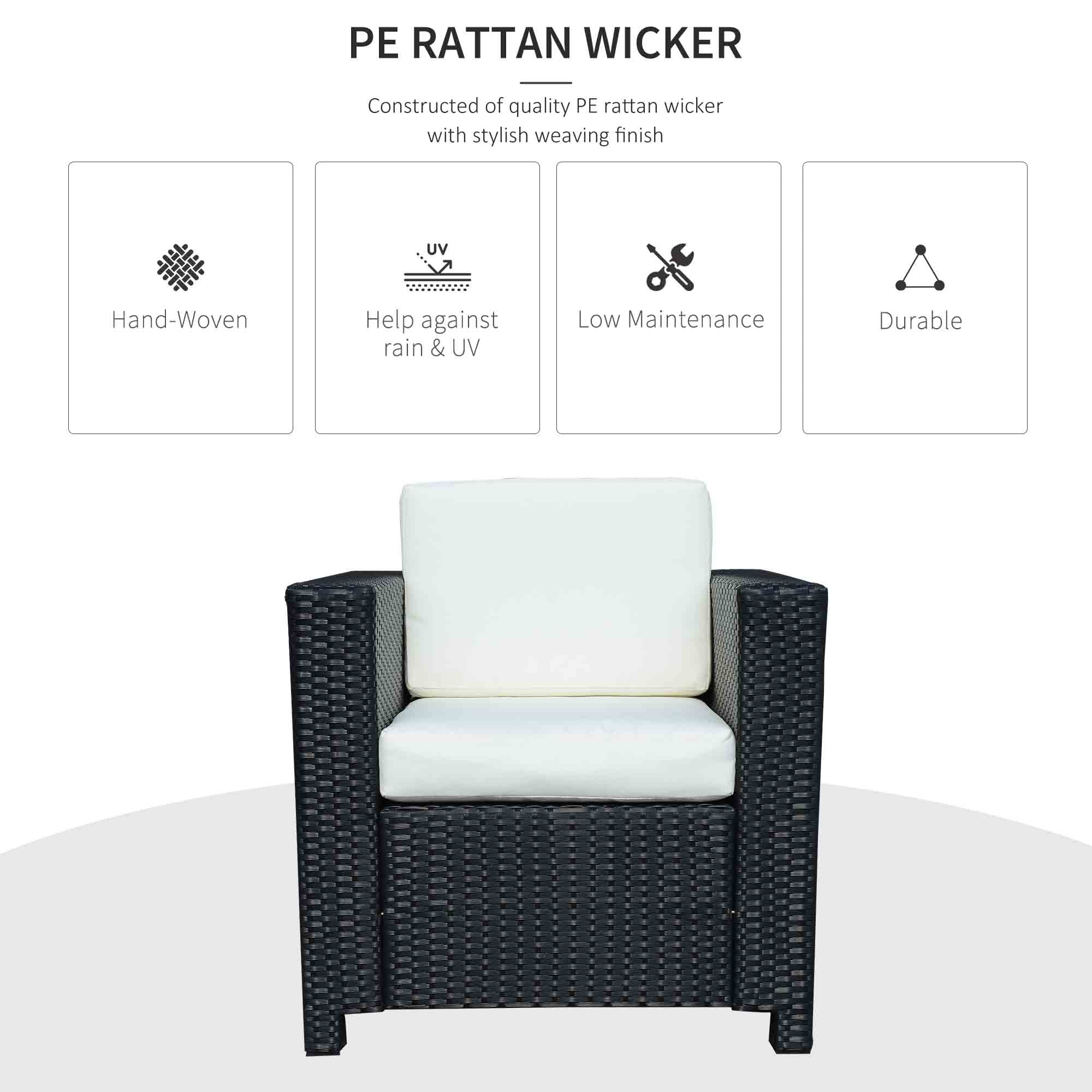 1 Seater Rattan Garden All-Weather Wicker Weave Single Sofa Armchair with Fire Resistant Cushion - Black - Image 5