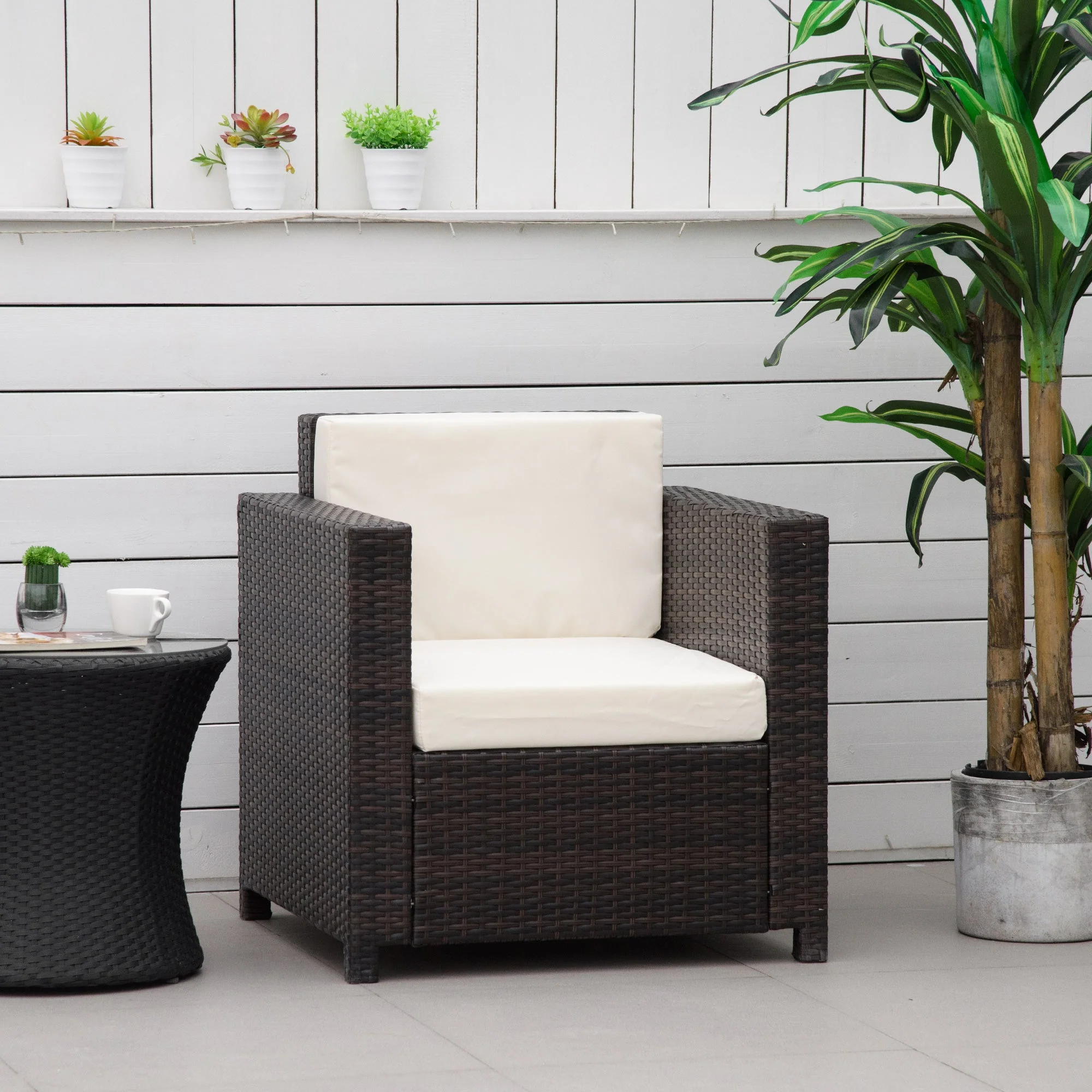 1 Seater Rattan Garden All-Weather Wicker Weave Single Sofa Armchair with Fire Resistant Cushion - Brown - Image 2