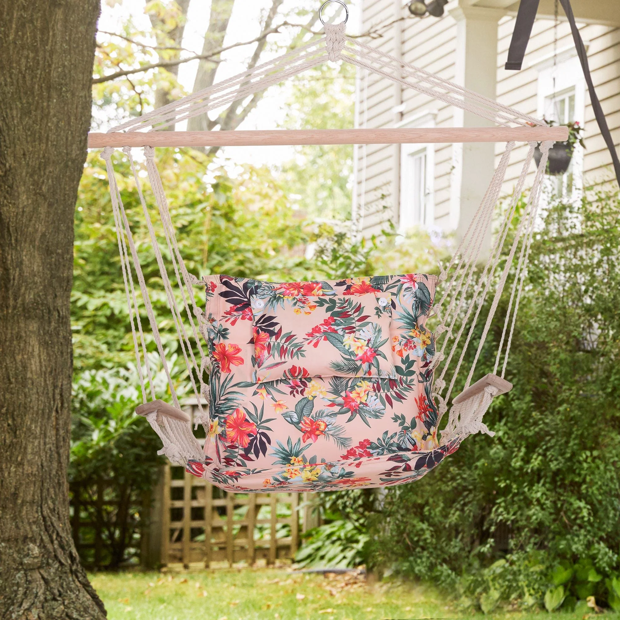 100x106cm Hanging Hammock Chair Safe Rope Frame Pillow Top Bar Bright Floral - Image 2