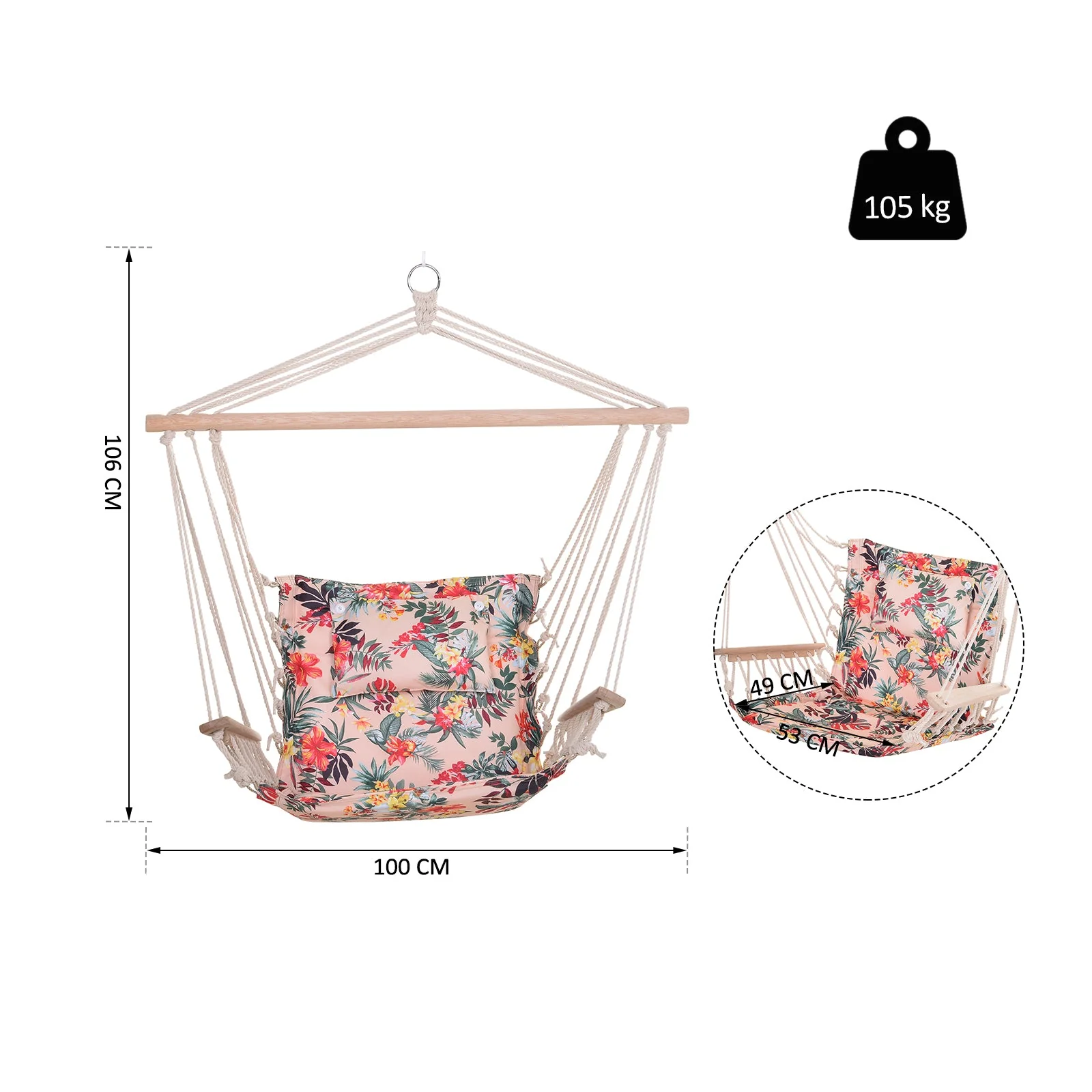 100x106cm Hanging Hammock Chair Safe Rope Frame Pillow Top Bar Bright Floral - Image 3