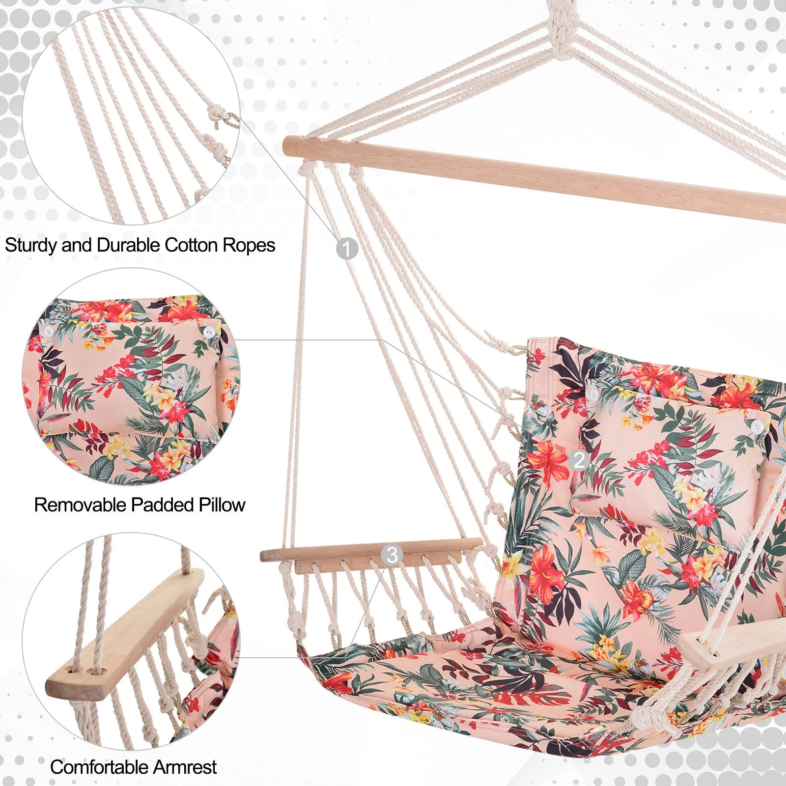 100x106cm Hanging Hammock Chair Safe Rope Frame Pillow Top Bar Bright Floral - Image 4