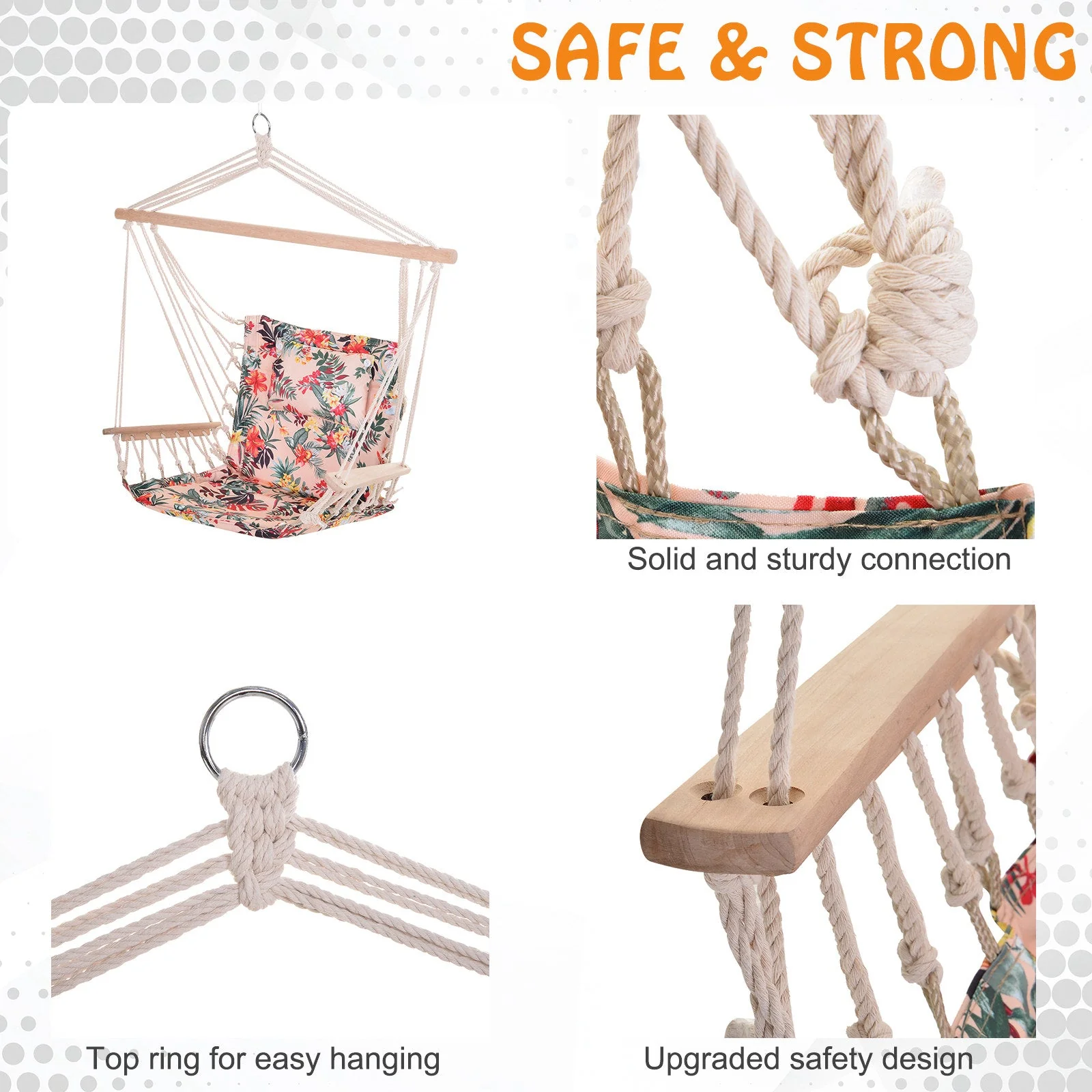 100x106cm Hanging Hammock Chair Safe Rope Frame Pillow Top Bar Bright Floral - Image 5