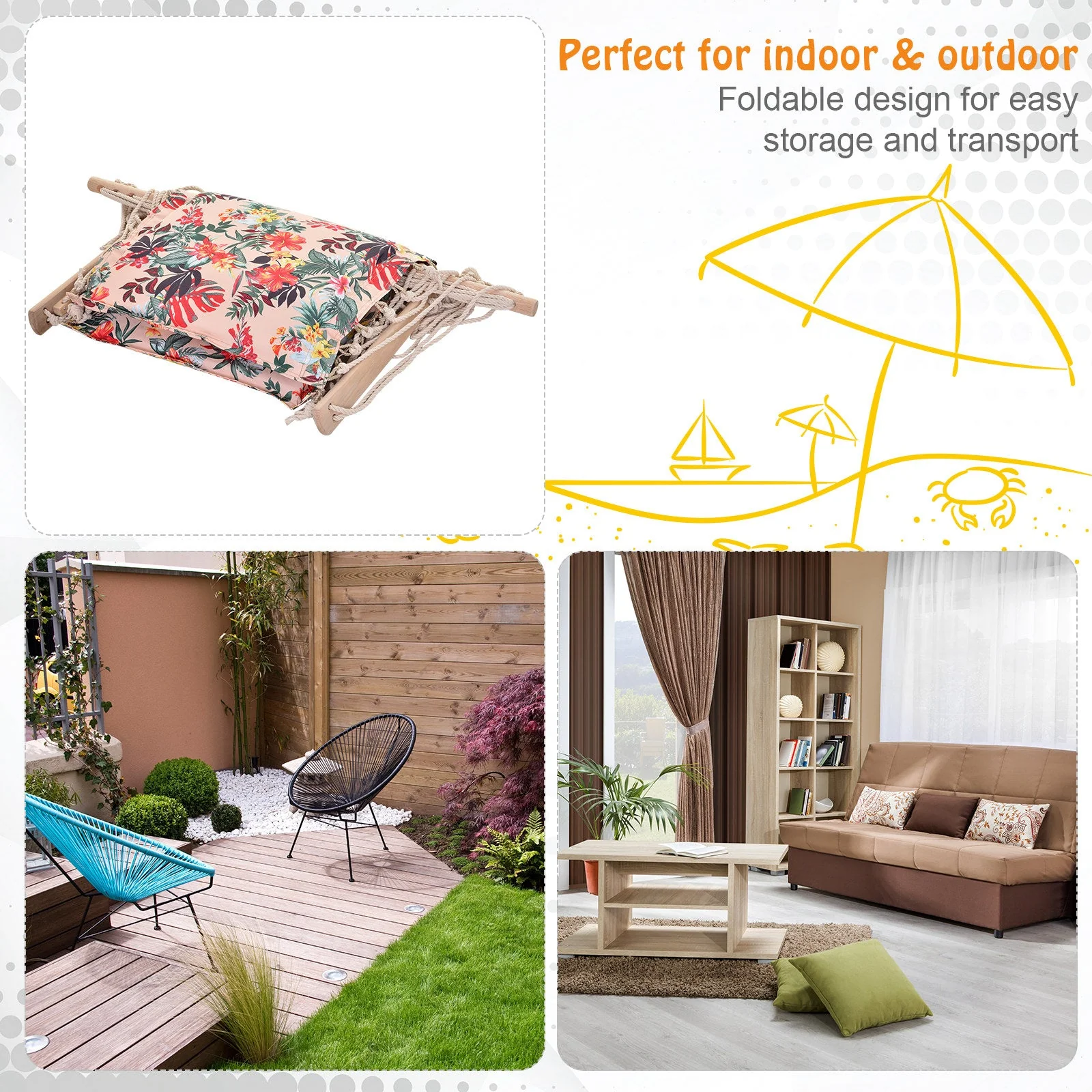 100x106cm Hanging Hammock Chair Safe Rope Frame Pillow Top Bar Bright Floral - Image 6