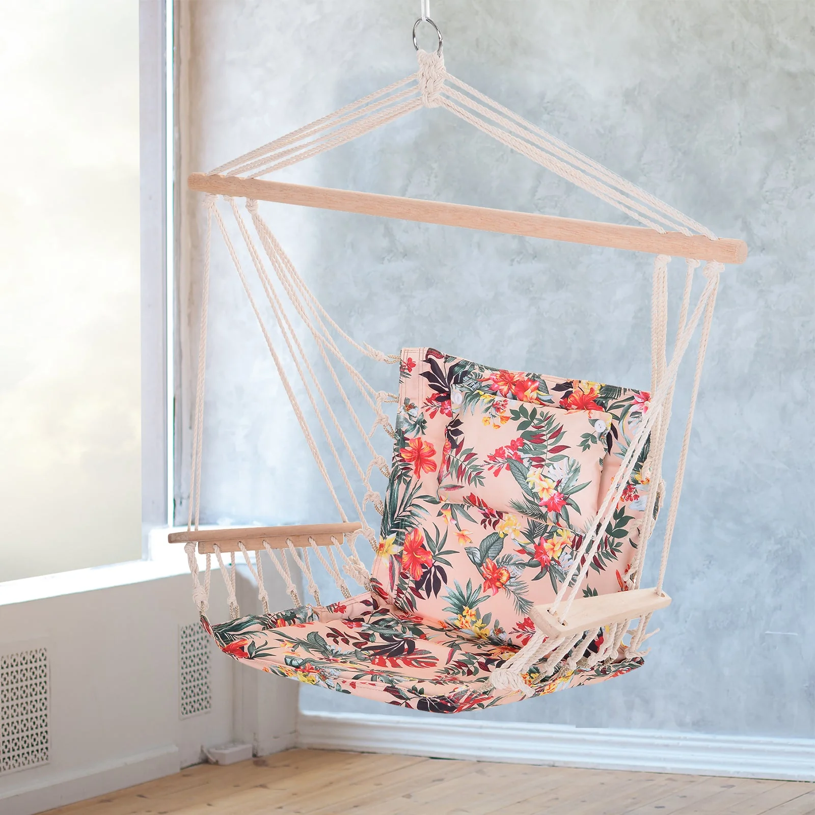 100x106cm Hanging Hammock Chair Safe Rope Frame Pillow Top Bar Bright Floral - Image 9