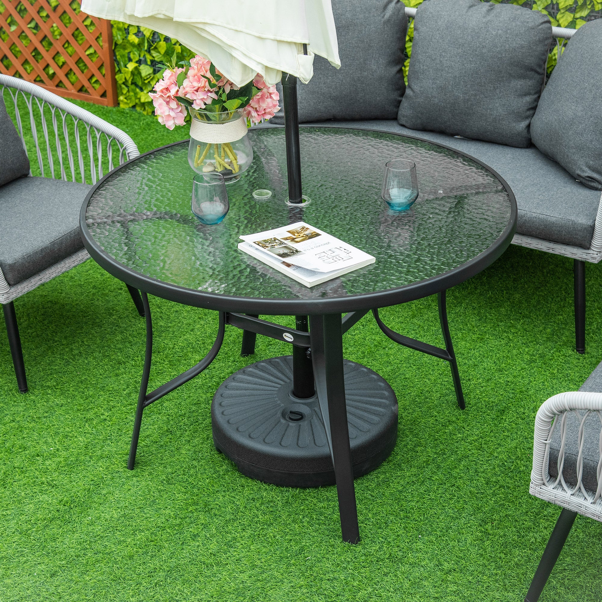 106cm Round Garden Dining Table with Parasol Hole Tempered Glass Top Steel Frame - Image 2