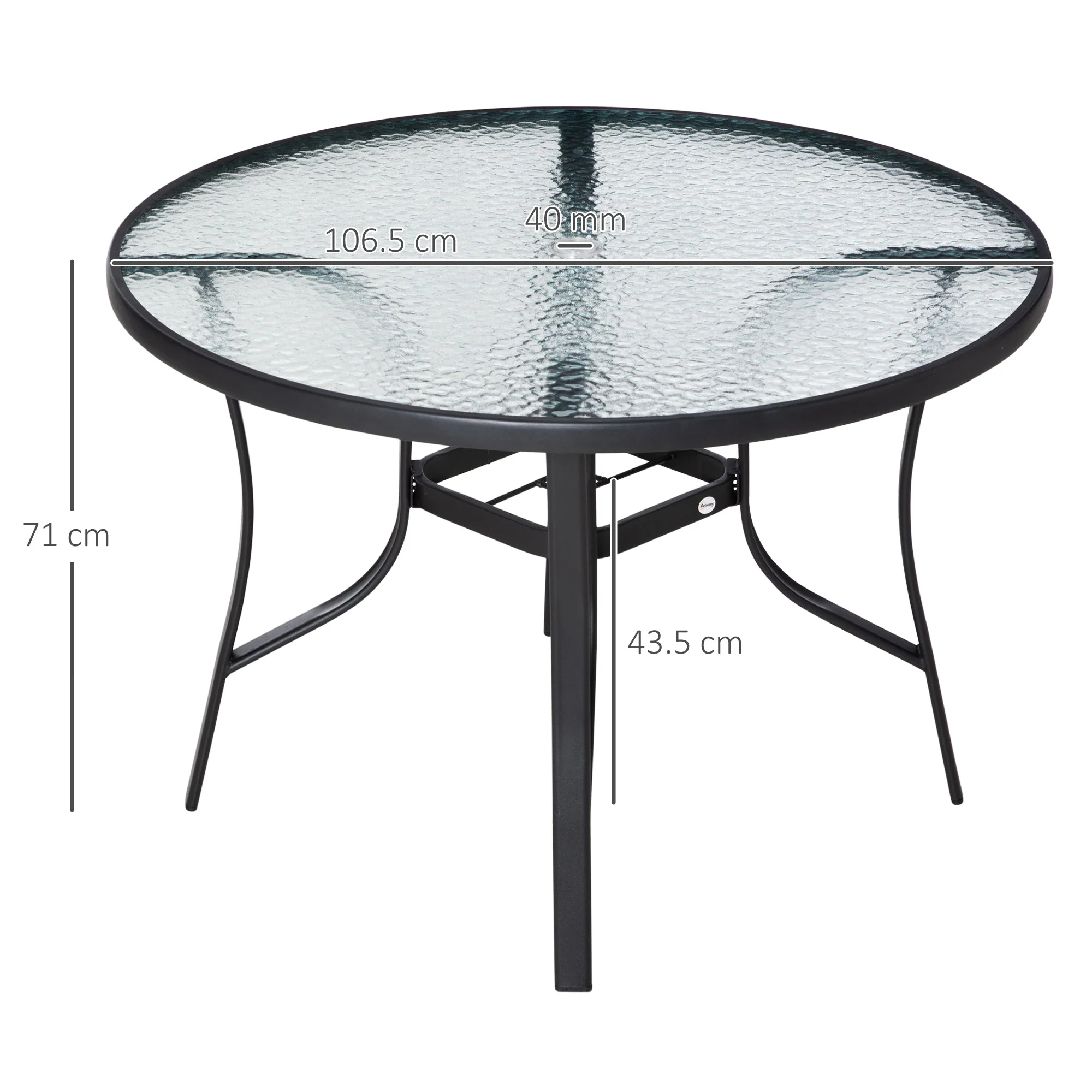 106cm Round Garden Dining Table with Parasol Hole Tempered Glass Top Steel Frame - Image 3