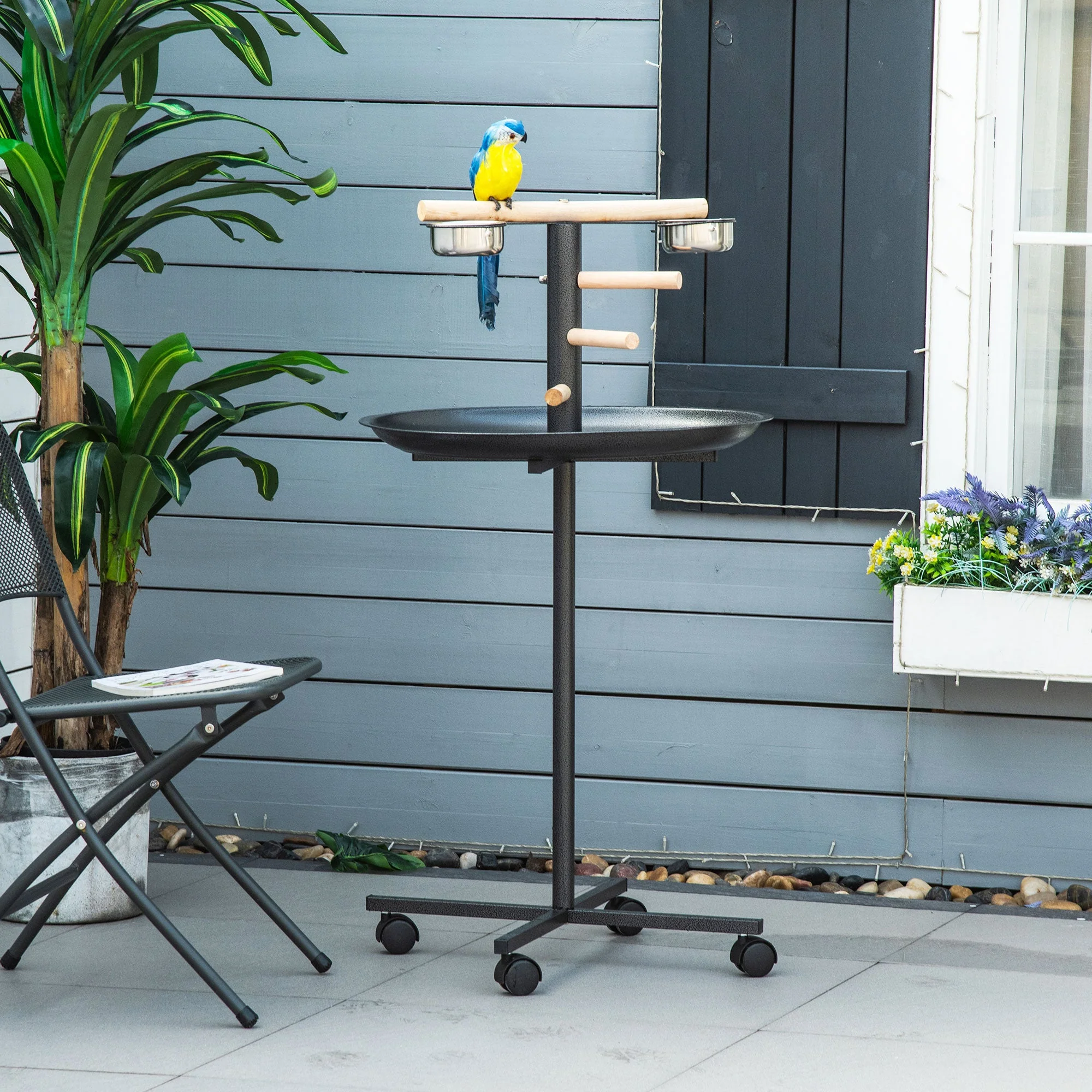 111cm Bird Barh & Feeder Wheeled Stainless Steel & Wood Black by Pawhut - Image 2