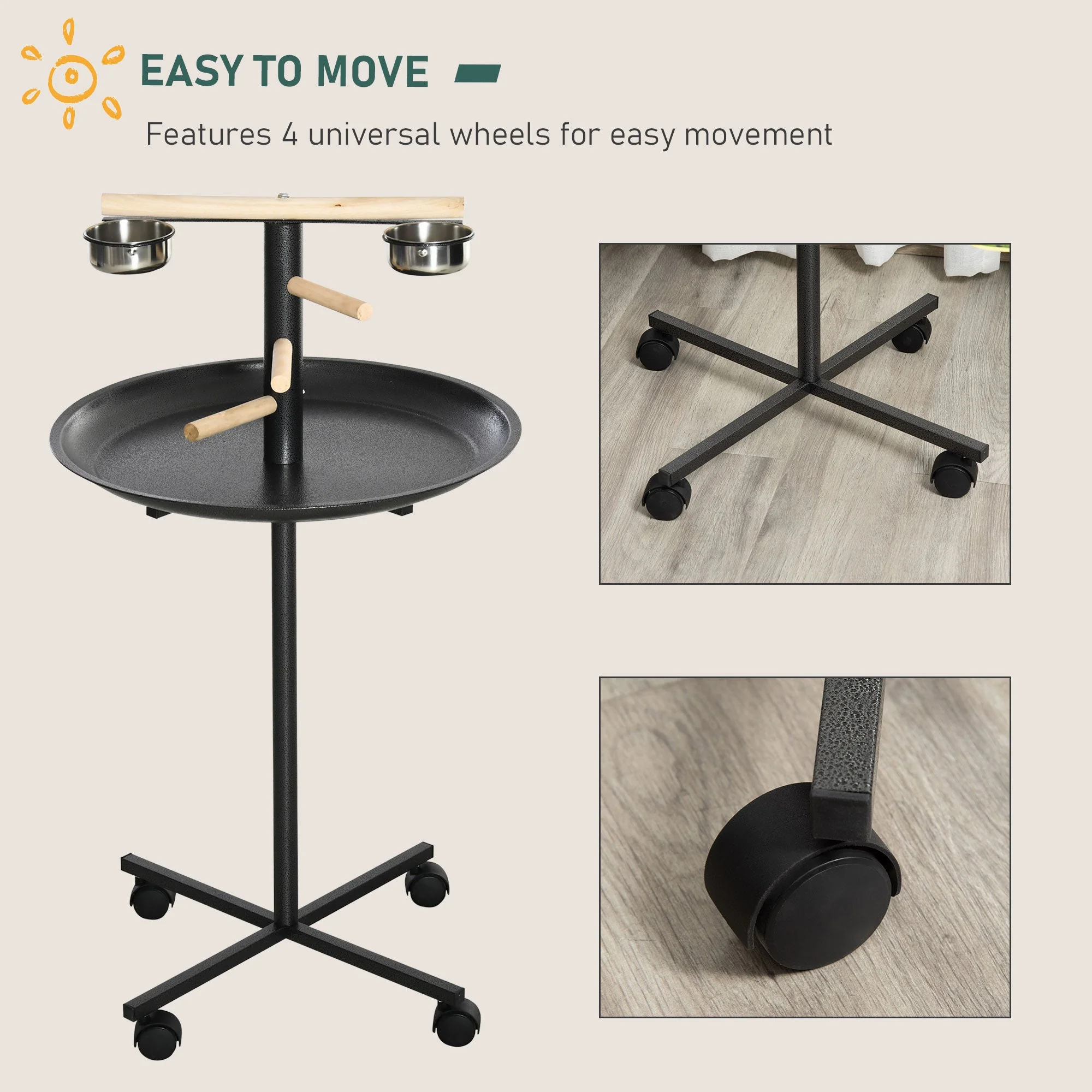 111cm Bird Barh & Feeder Wheeled Stainless Steel & Wood Black by Pawhut - Image 4