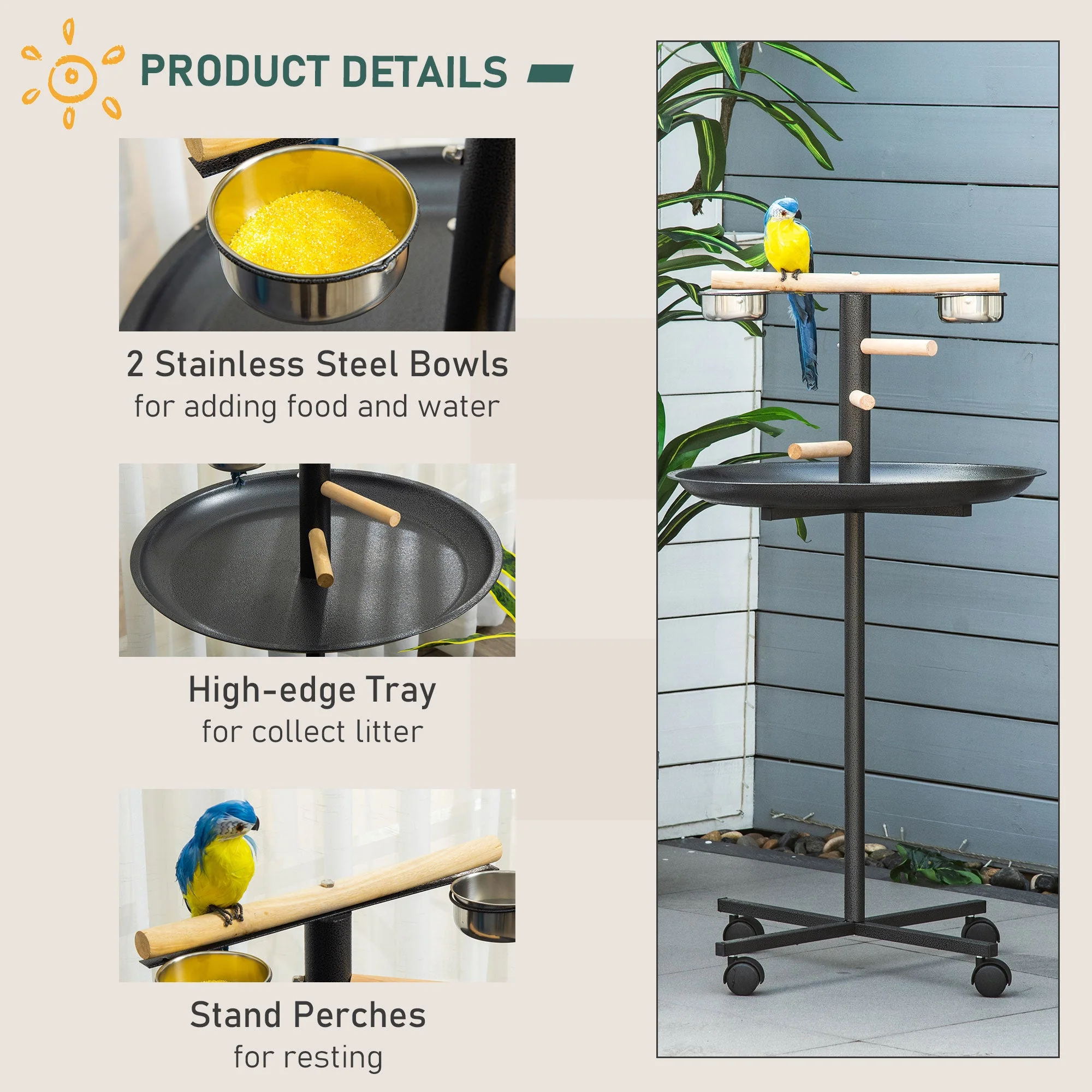 111cm Bird Barh & Feeder Wheeled Stainless Steel & Wood Black by Pawhut - Image 5
