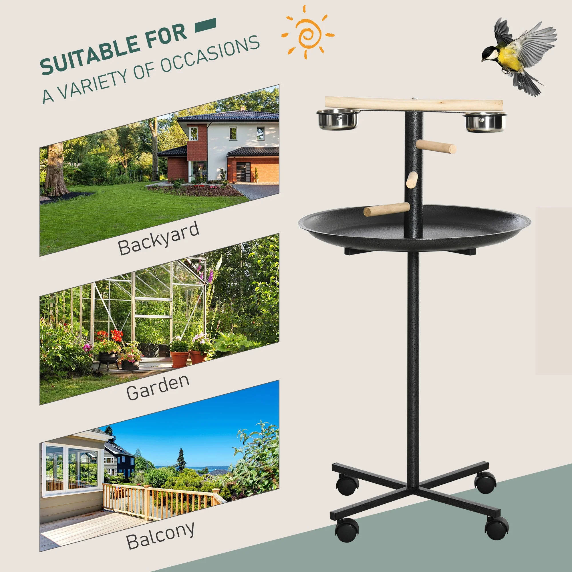 111cm Bird Barh & Feeder Wheeled Stainless Steel & Wood Black by Pawhut - Image 6