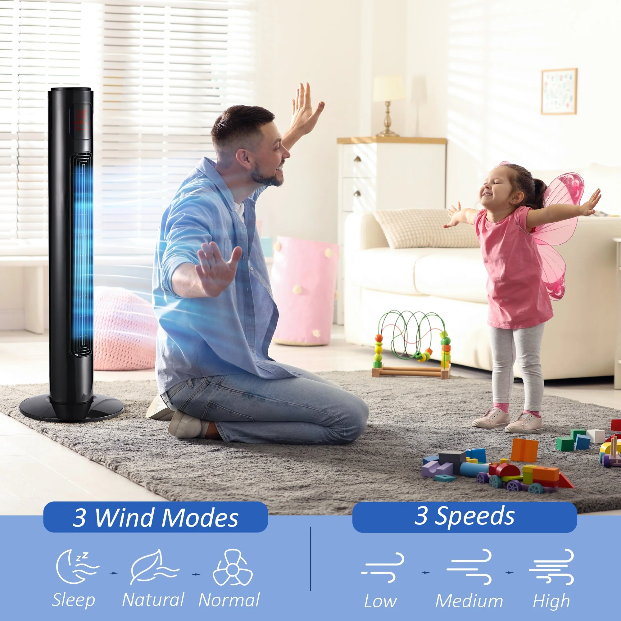12" Oscillating Three Speed Tower Fan With Timer Black - Image 5