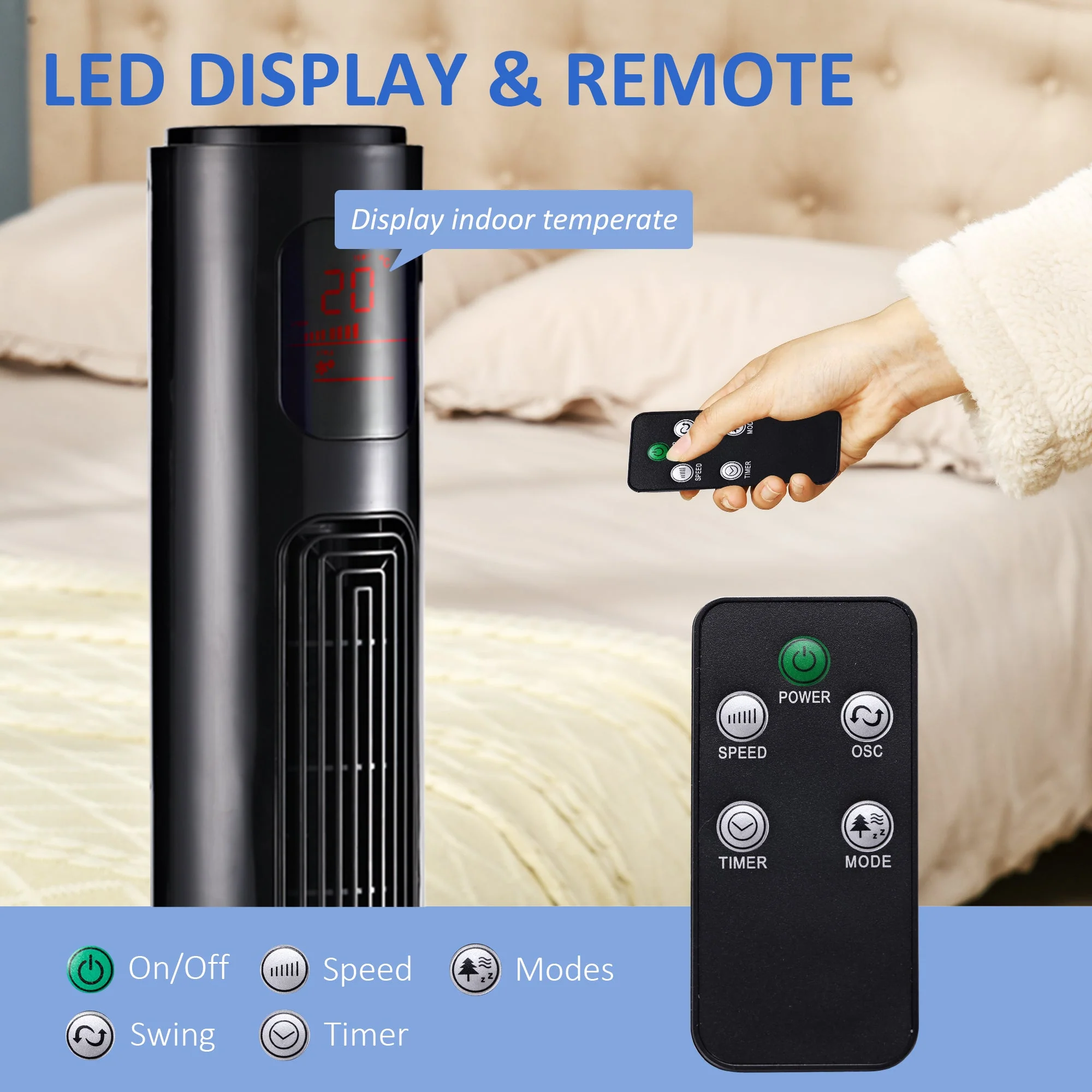 12" Oscillating Three Speed Tower Fan With Timer Black - Image 6