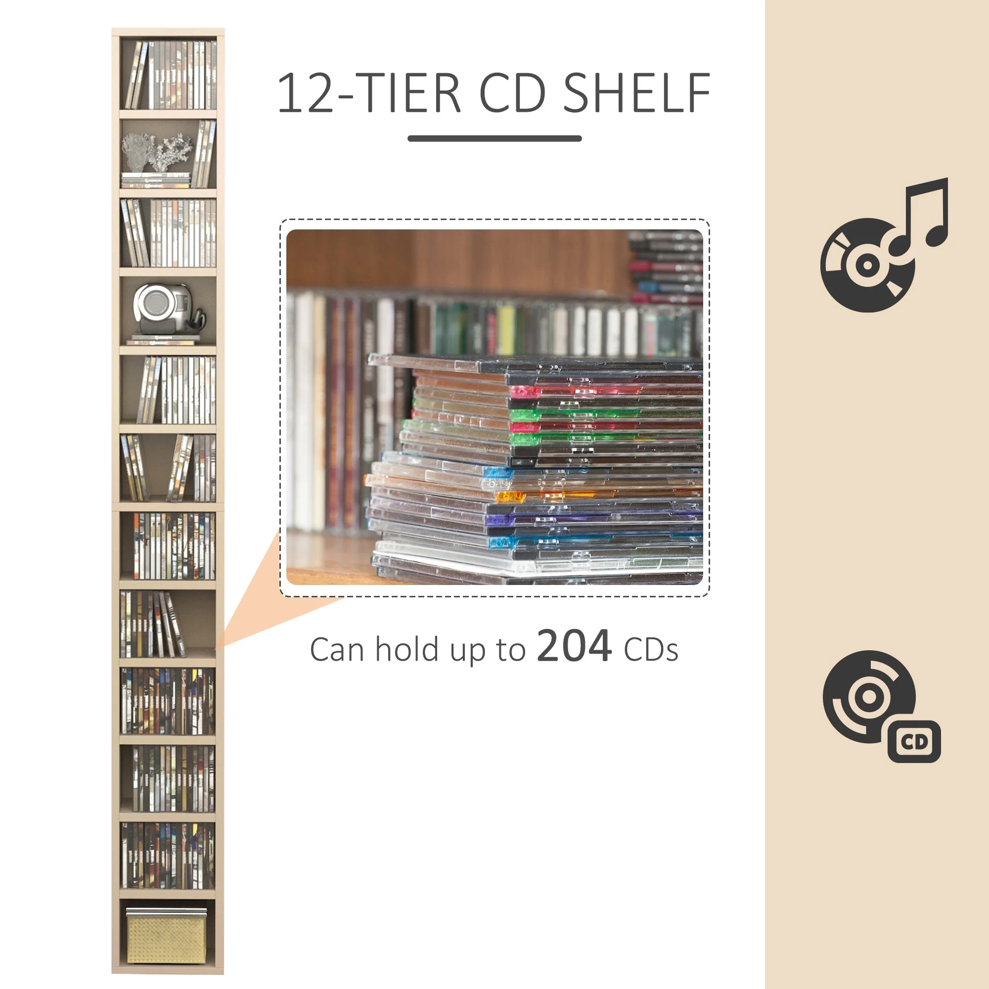 12-tier Media Storage Cabinet 204 CDs Shelf Tower Multimedia Organizer Rack Stand Bookcase Display Unit - Image 5