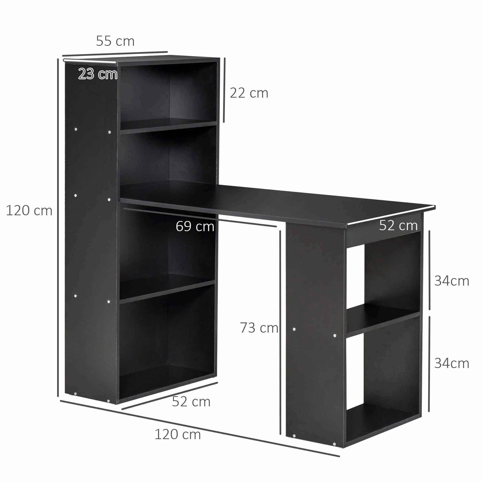 120cm Modern Computer Desk Bookshelf Study Table Workstation PC Laptop Writing Home Office 6 Shelves Black - Image 3
