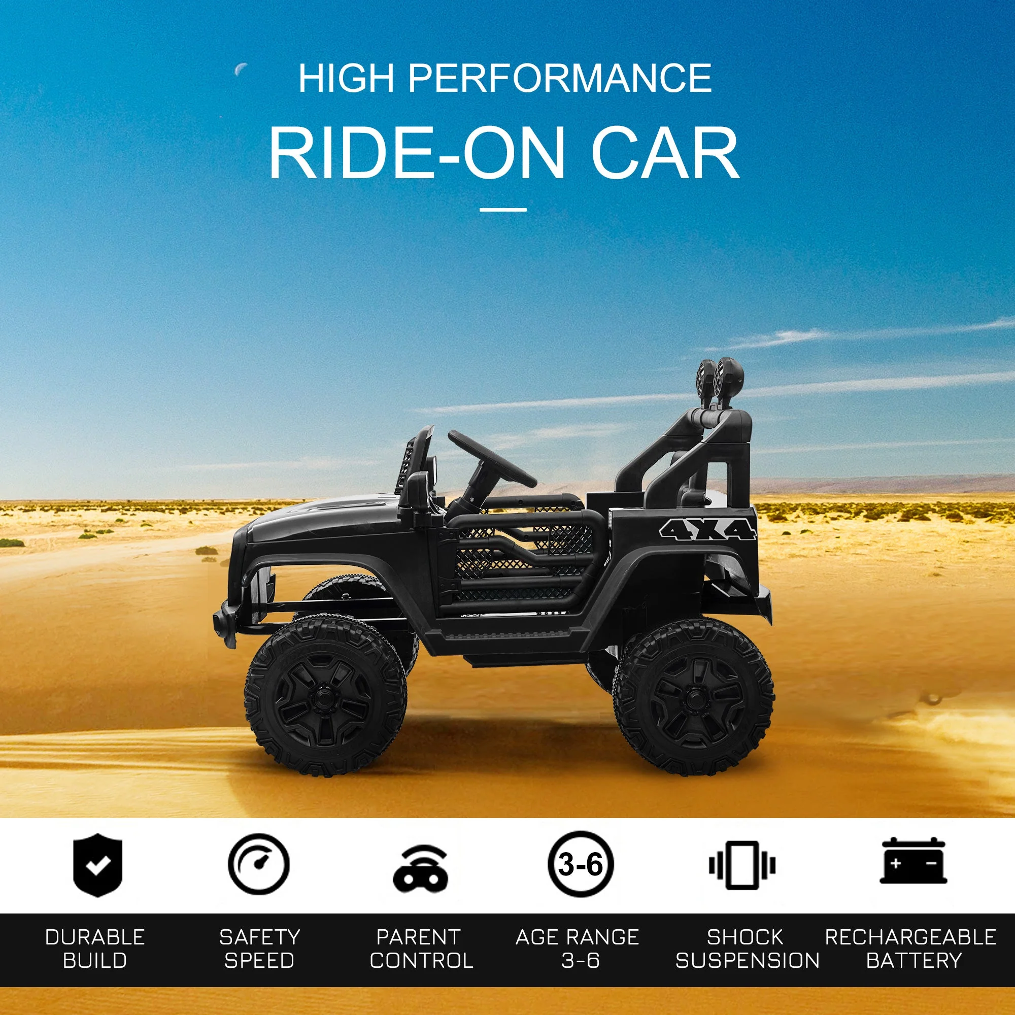 12V Battery-powered 2 Motors Kids Electric Ride On Car Truck Off-road Toy with Parental Remote Control Horn Lights Suspension Wheels for 3-6 Years Old Black - Image 4