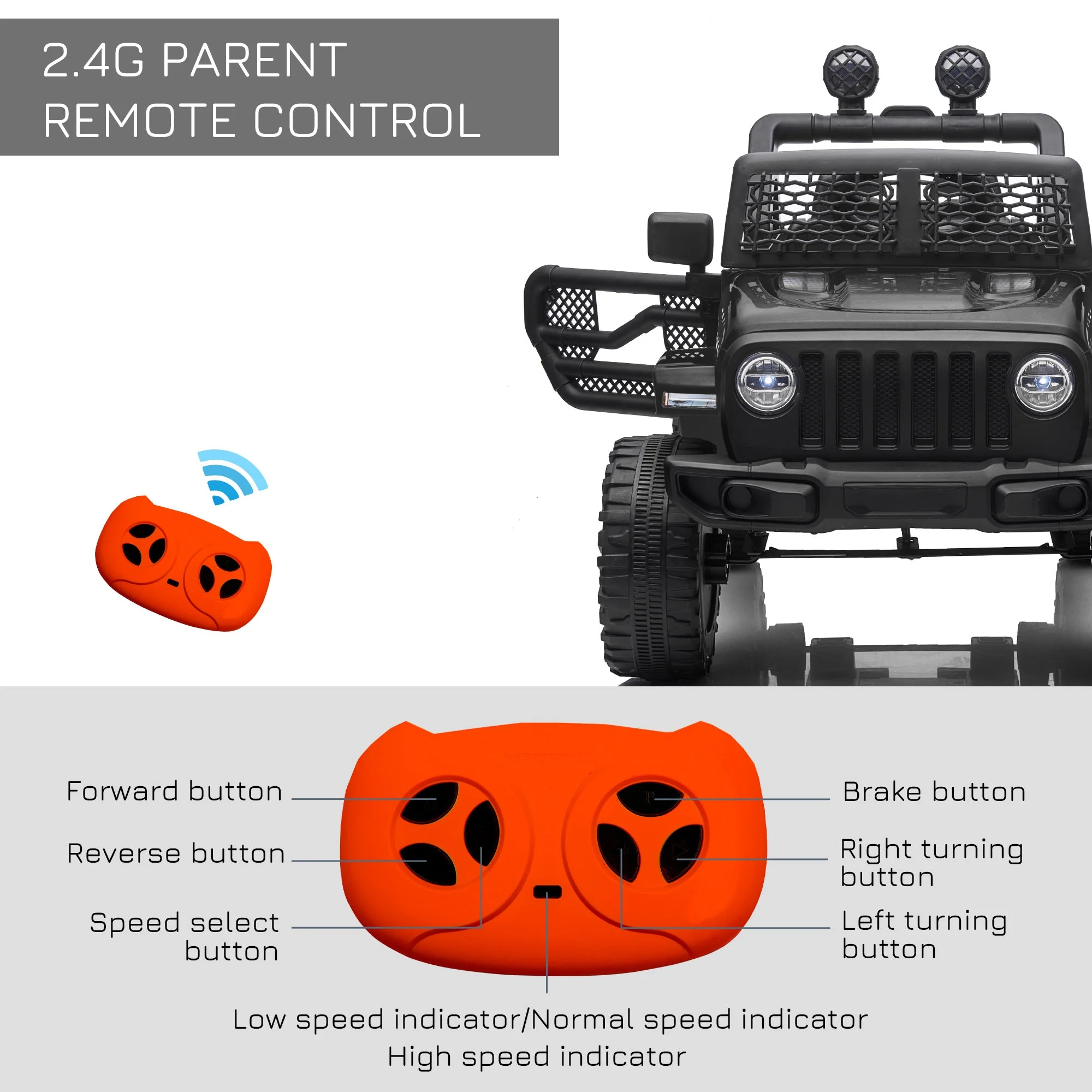 12V Battery-powered 2 Motors Kids Electric Ride On Car Truck Off-road Toy with Parental Remote Control Horn Lights Suspension Wheels for 3-6 Years Old Black - Image 7