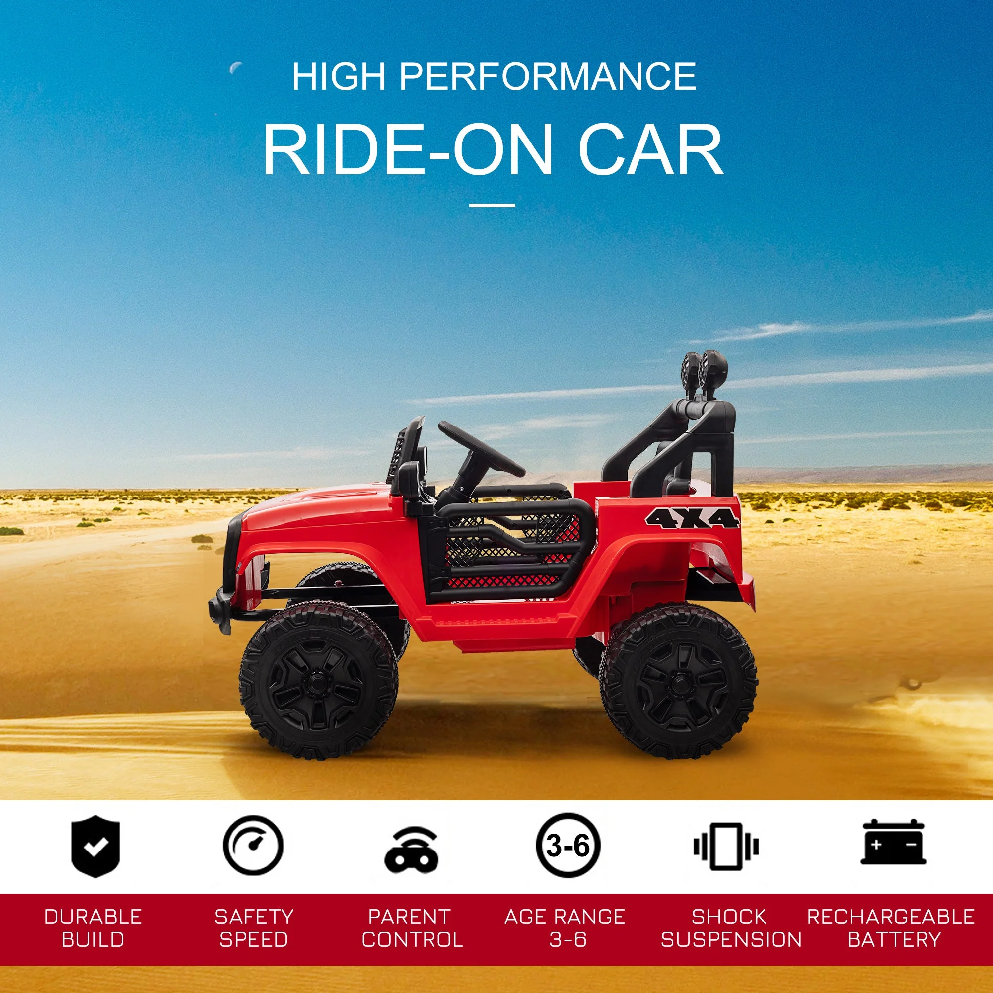 12V Battery-powered 2 Motors Kids Electric Ride On Car Truck Off-road Toy with Parental Remote Control Horn Lights Suspension Wheels for 3-6 Years Old Red - Image 4