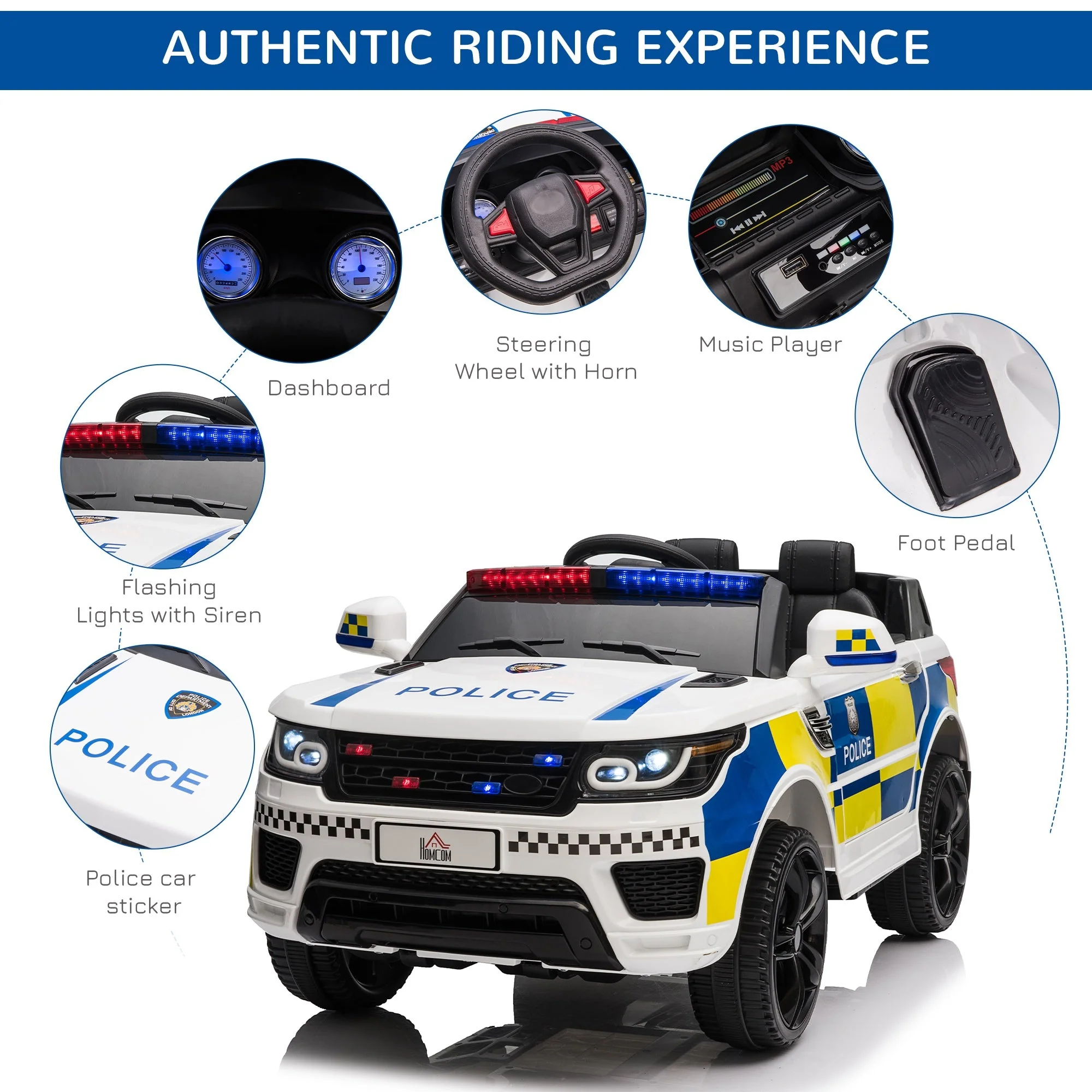 12V Kid Electric Ride On Police Car w/ Remote Siren Light Bluetooth 3-6 Years - Image 3