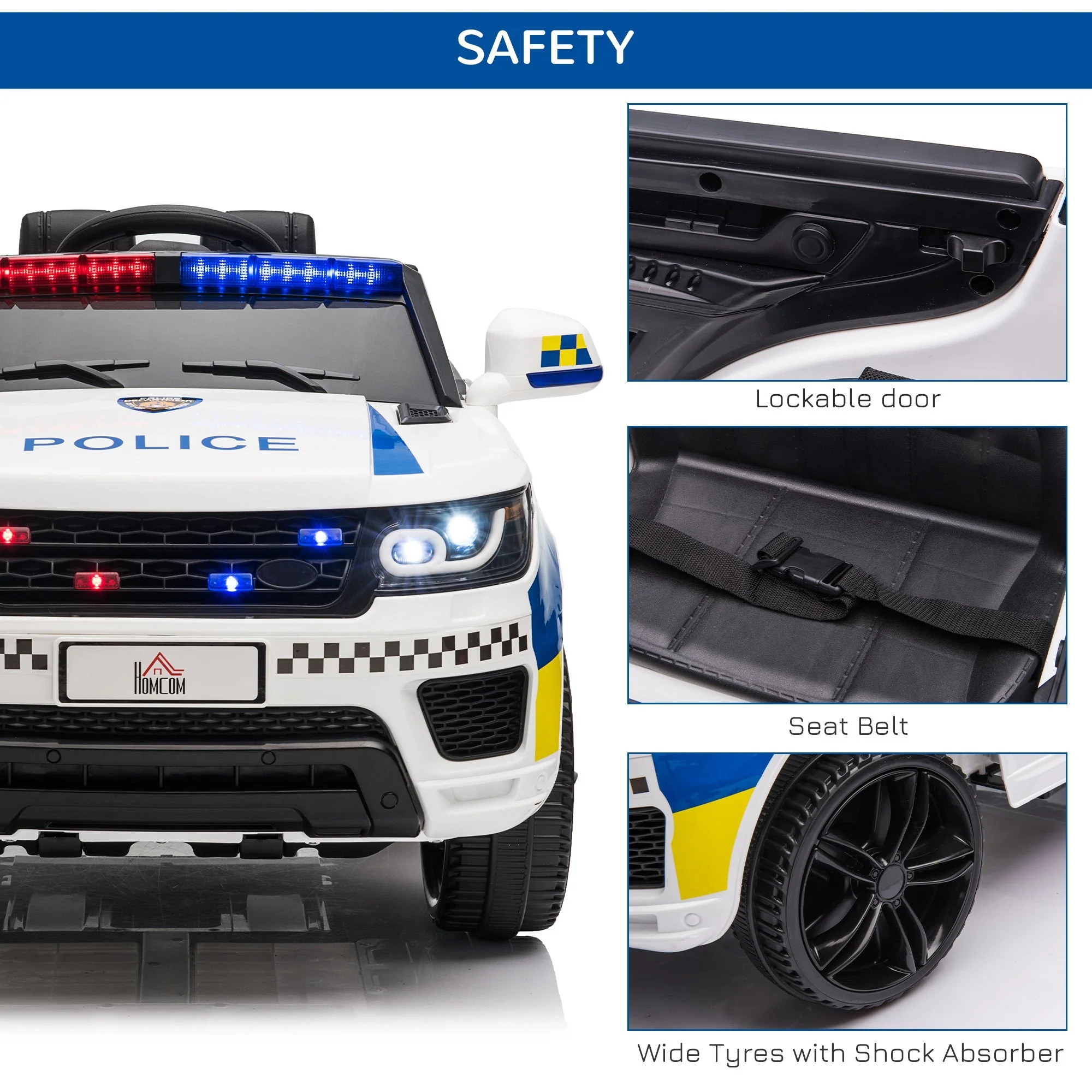 12V Kid Electric Ride On Police Car w/ Remote Siren Light Bluetooth 3-6 Years - Image 5