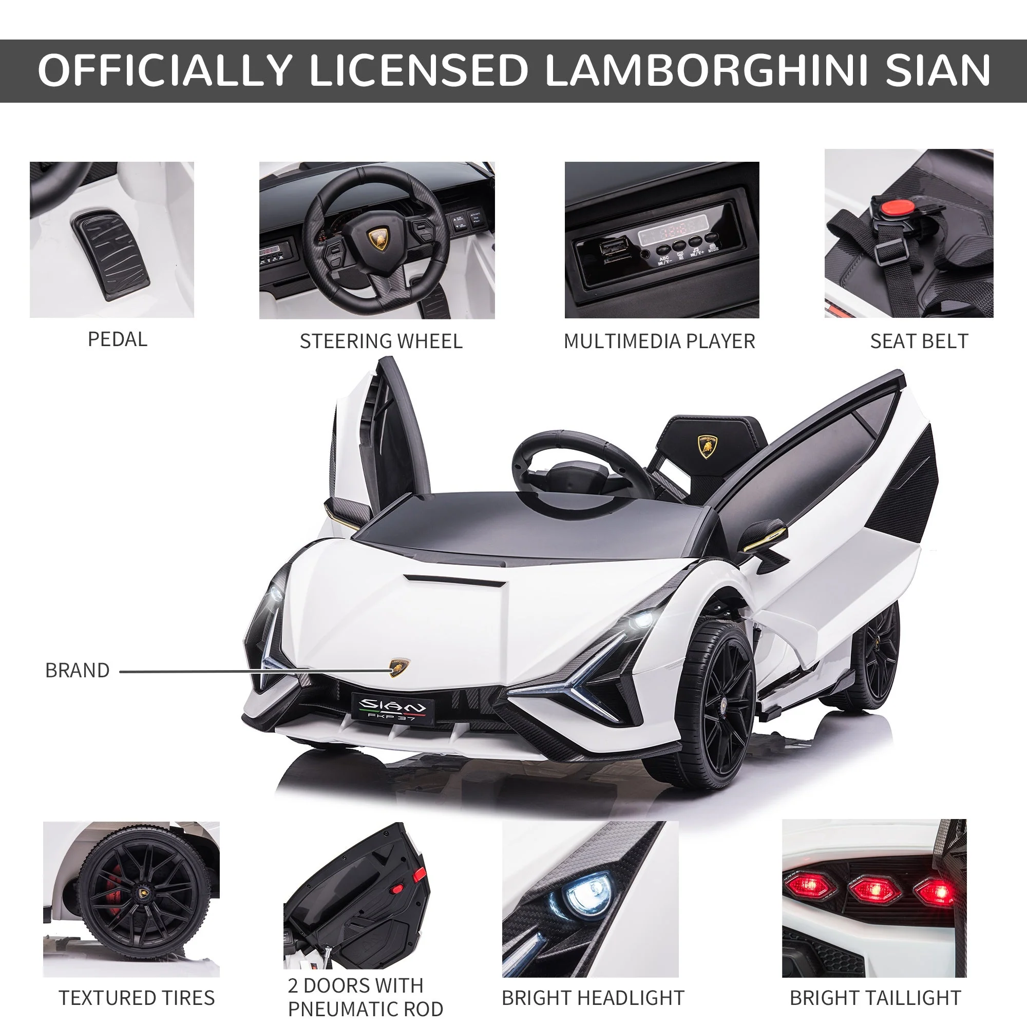 12V Kids Electric Ride On Car 2 Motors Licensed Toy Car with Remote Control Music Lights MP3 for 3-5 Years White - Image 7