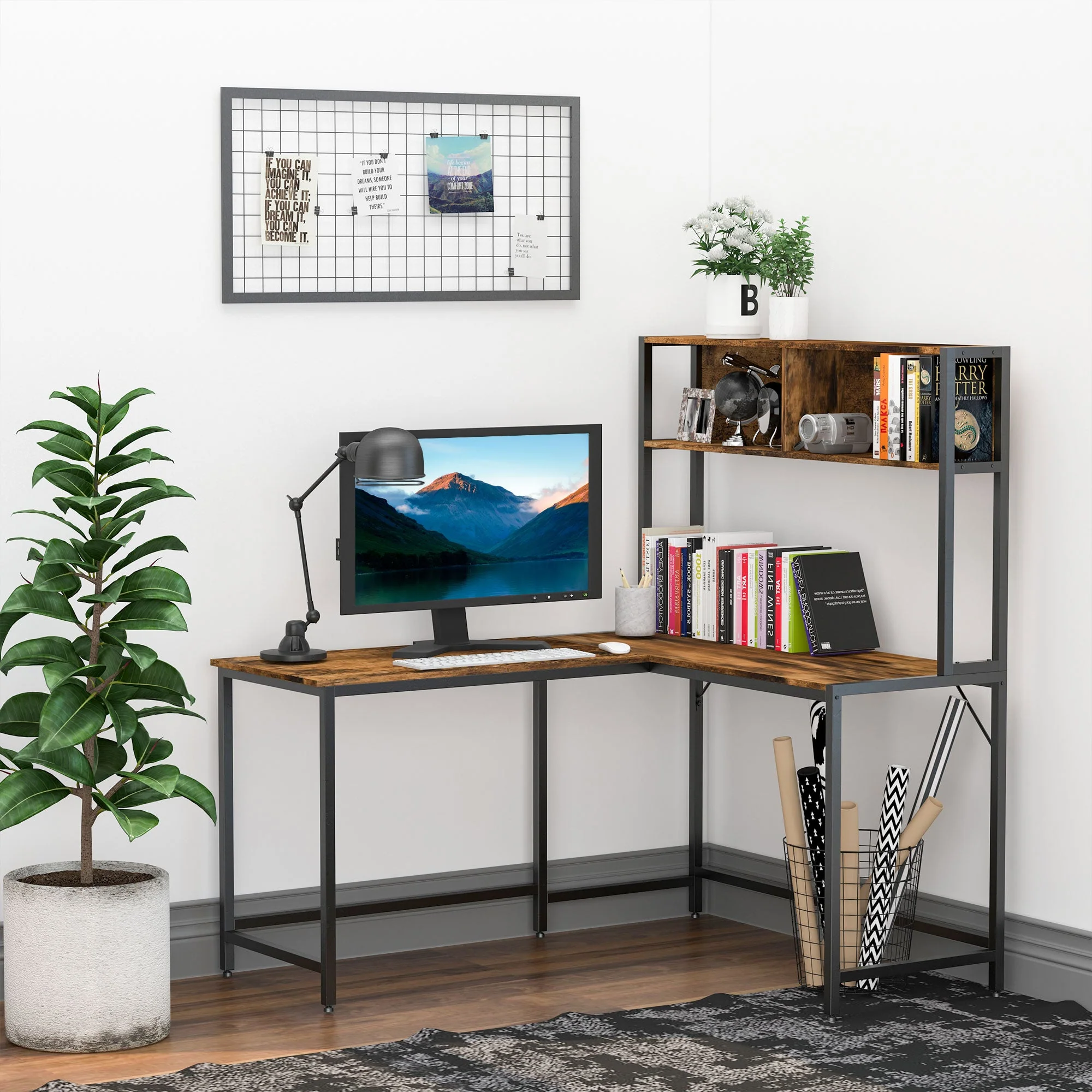 149H x 140L x 125W cm Particle Board Industrial L-Shaped Desk w Shelf - Brown & Black - Image 2