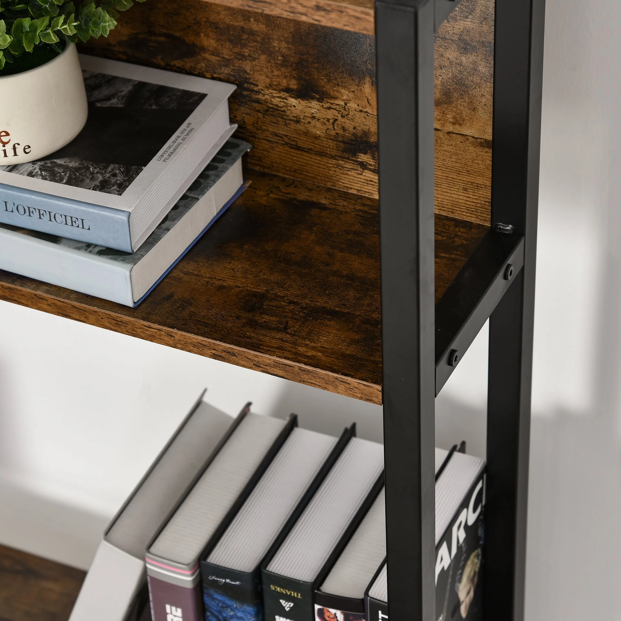 149H x 140L x 125W cm Particle Board Industrial L-Shaped Desk w Shelf - Brown & Black - Image 6