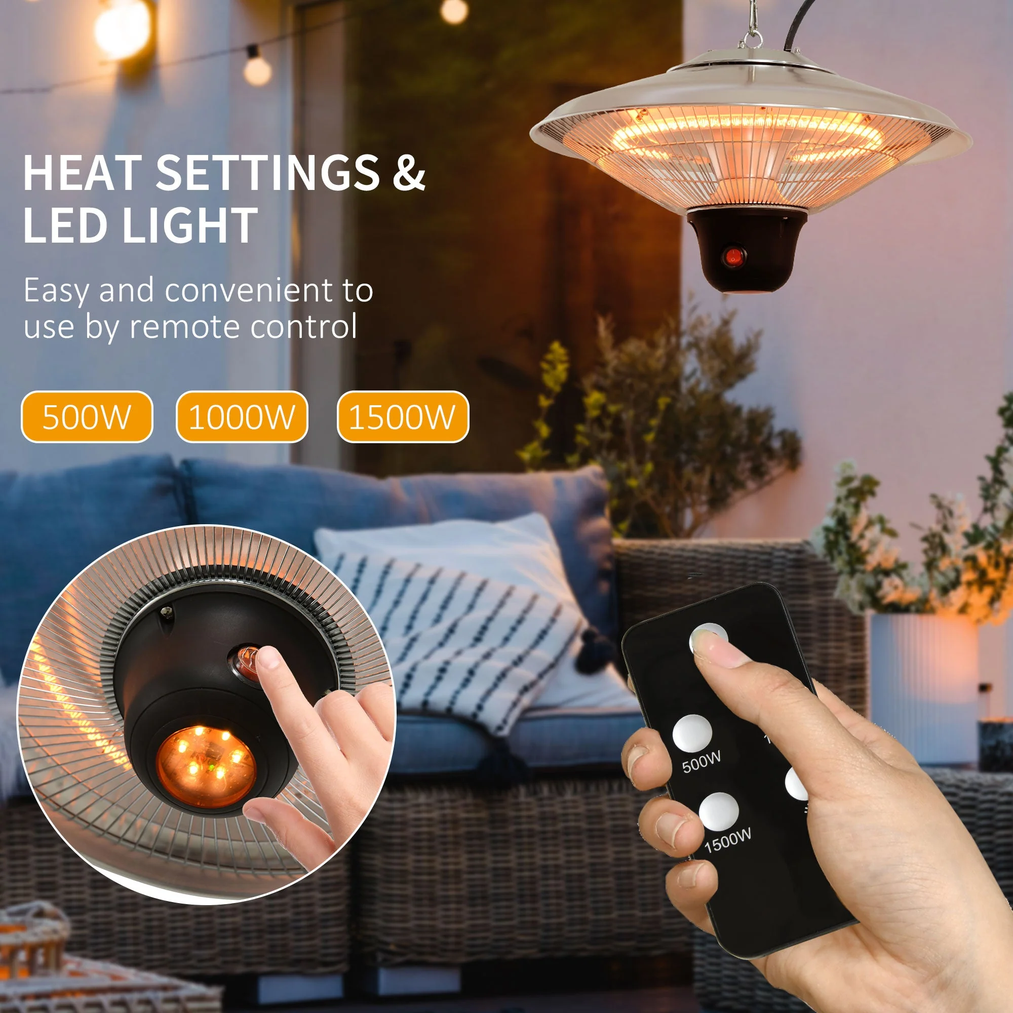 1500W Patio Heater Outdoor Ceiling Mounted Aluminium Halogen Electric Hanging Heating Light with Remote Control and 3 Heat Settings - Image 4