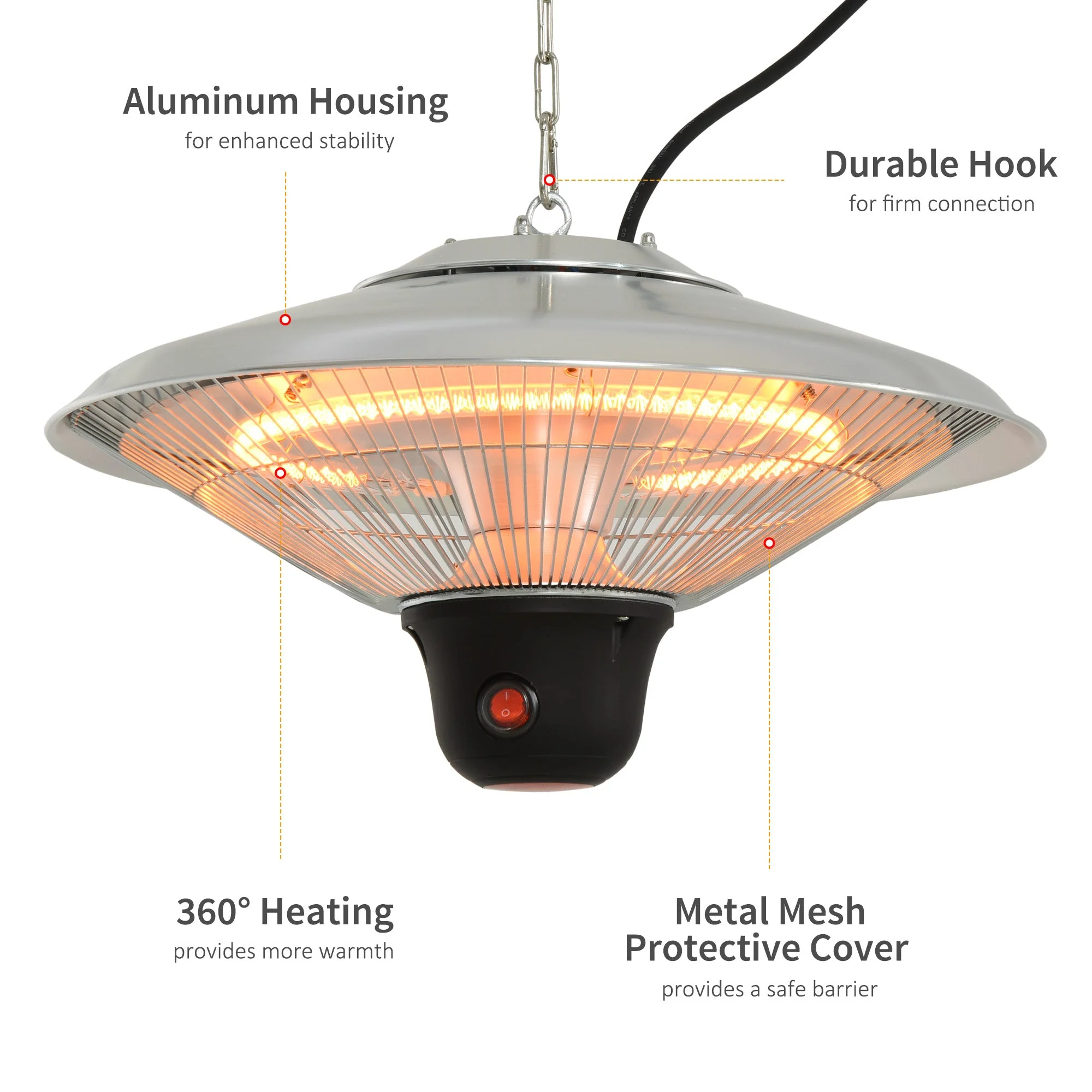 1500W Patio Heater Outdoor Ceiling Mounted Aluminium Halogen Electric Hanging Heating Light with Remote Control and 3 Heat Settings - Image 6