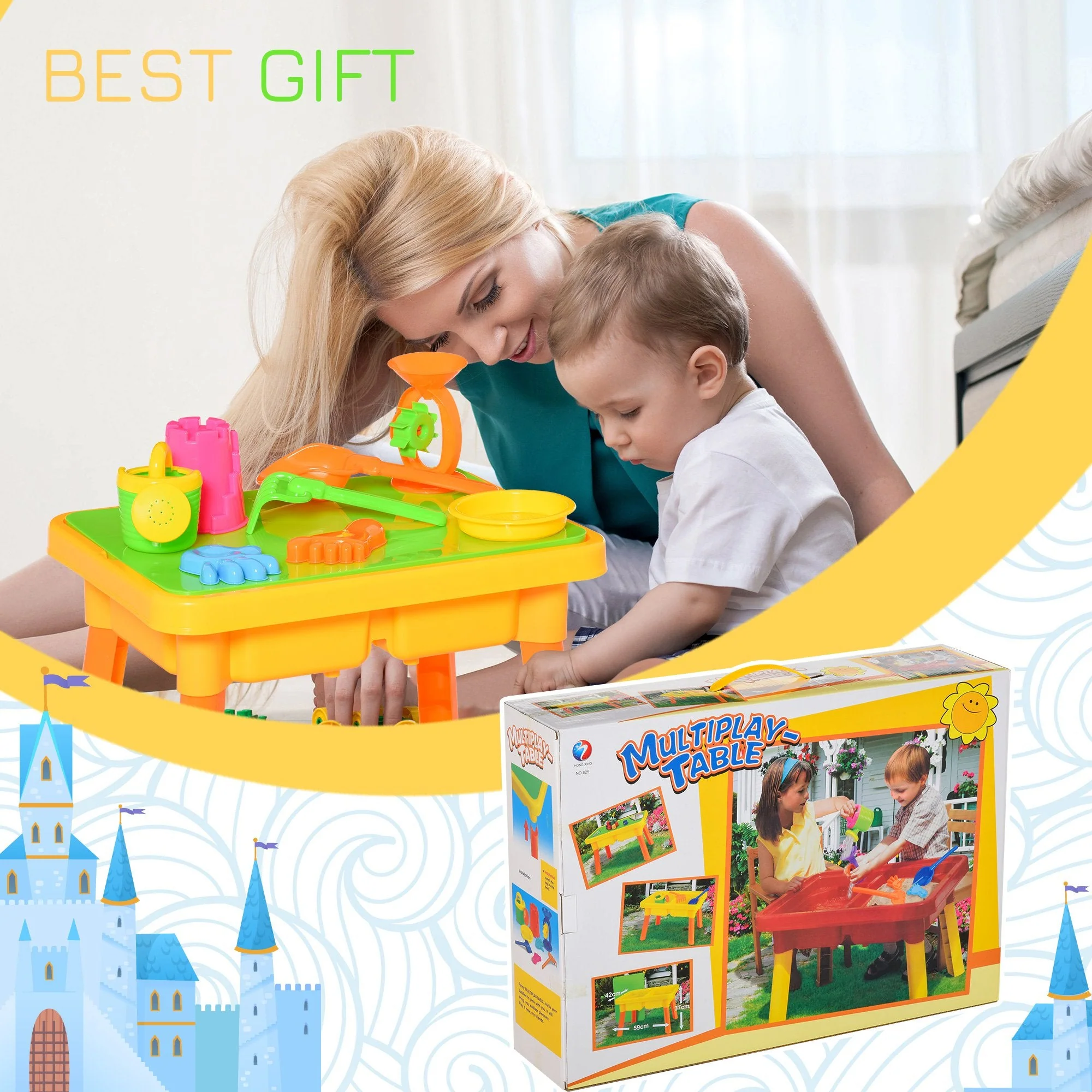 16-Piece Sand and Water Play Table Sand Pit Beach Toy Set 2 in 1 Outdoor Activities Playset with Lid and Accessories for 3 Years Old - Image 6