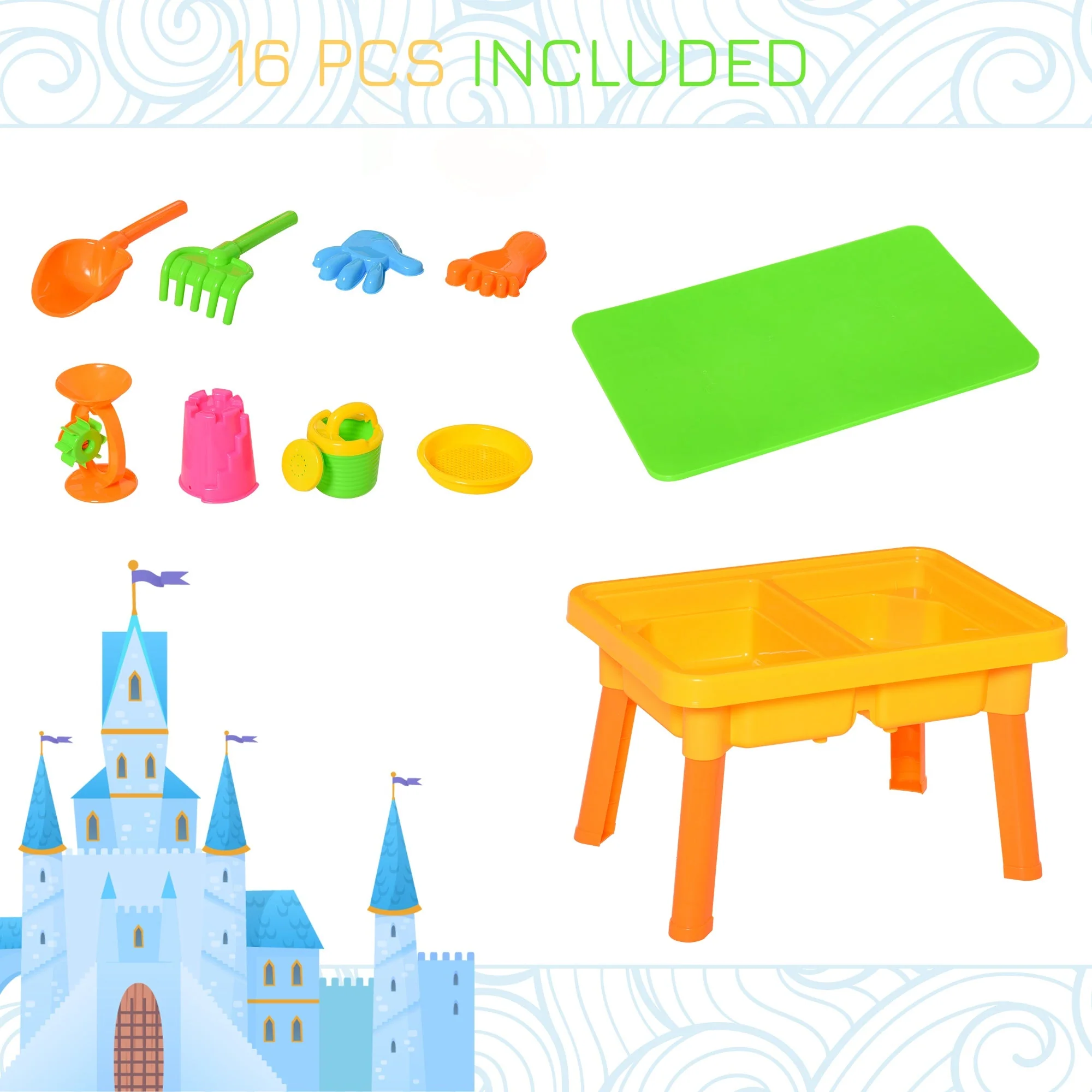 16-Piece Sand and Water Play Table Sand Pit Beach Toy Set 2 in 1 Outdoor Activities Playset with Lid and Accessories for 3 Years Old - Image 7