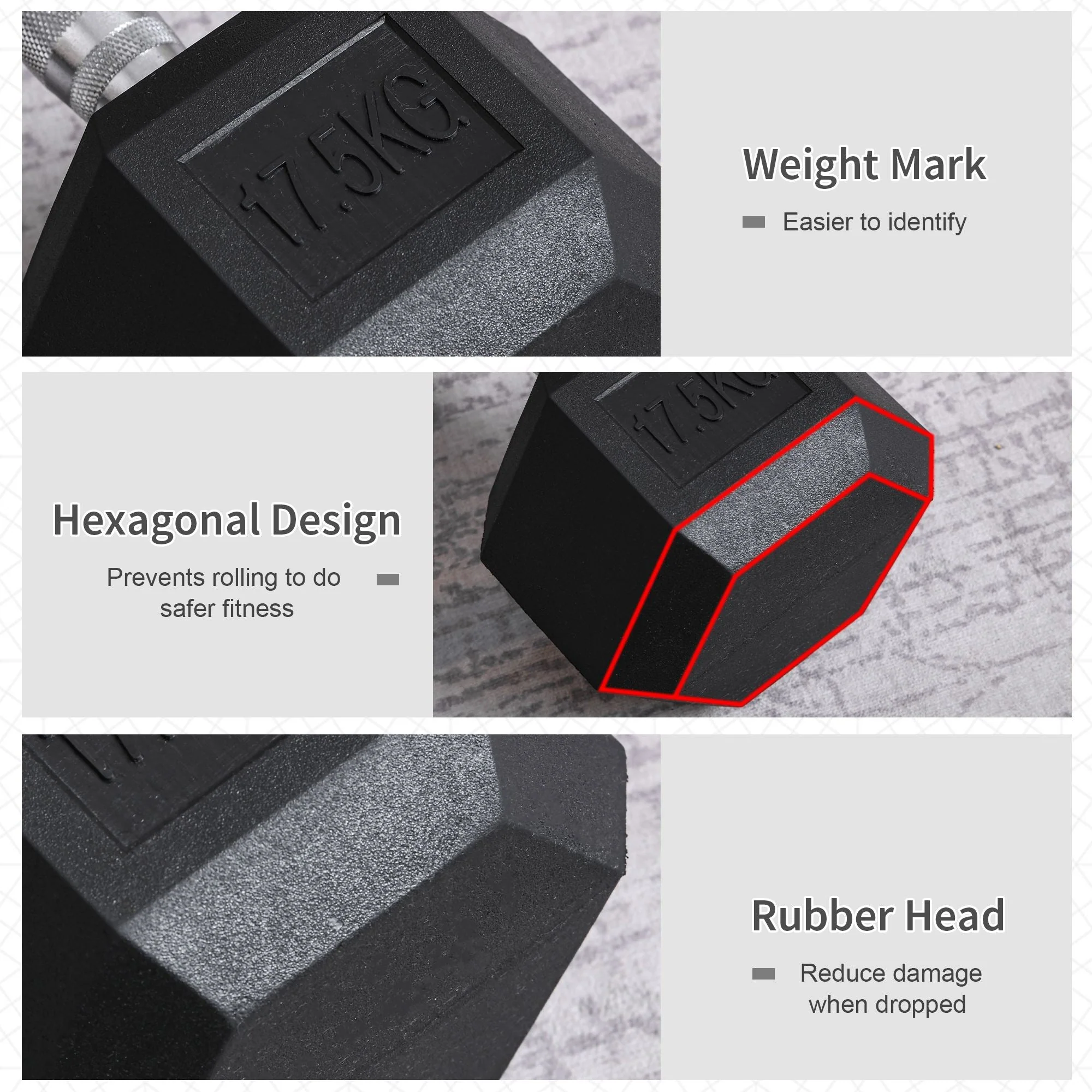 17.5KG Single Rubber Hex Dumbbell Portable Hand Weights Dumbbell Home Gym - Image 6