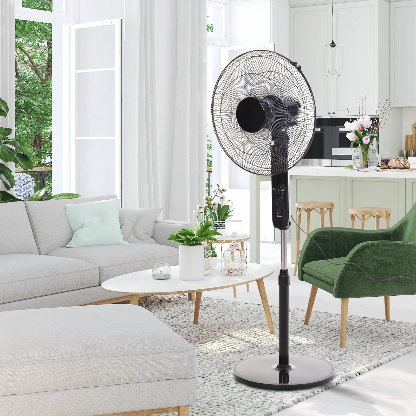 17" Oscillating Three Speed Adjustable Height Pedestal Fan With Remote Black by Homcom - Image 2