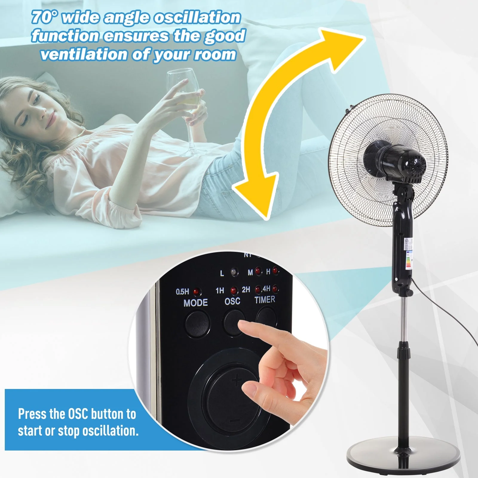 17" Oscillating Three Speed Adjustable Height Pedestal Fan With Remote Black by Homcom - Image 7