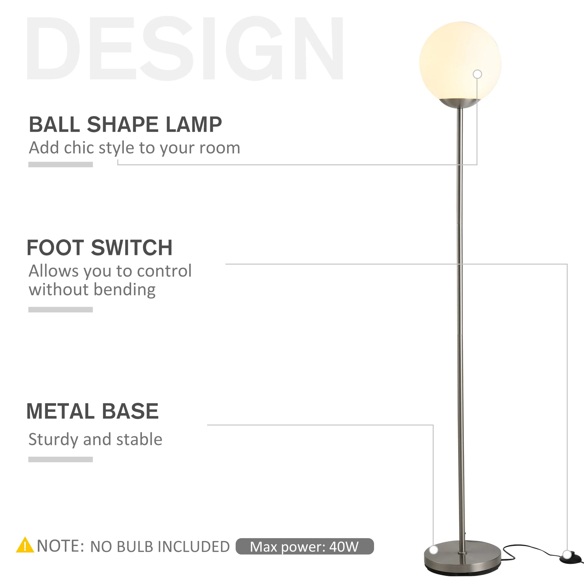 171cm Glass Globe Floor Lamp Metal Frame Sphere Light Pedal Switch Home Office Living Room Modern Unique Standing Beautiful Furnishing - Grey - Image 4