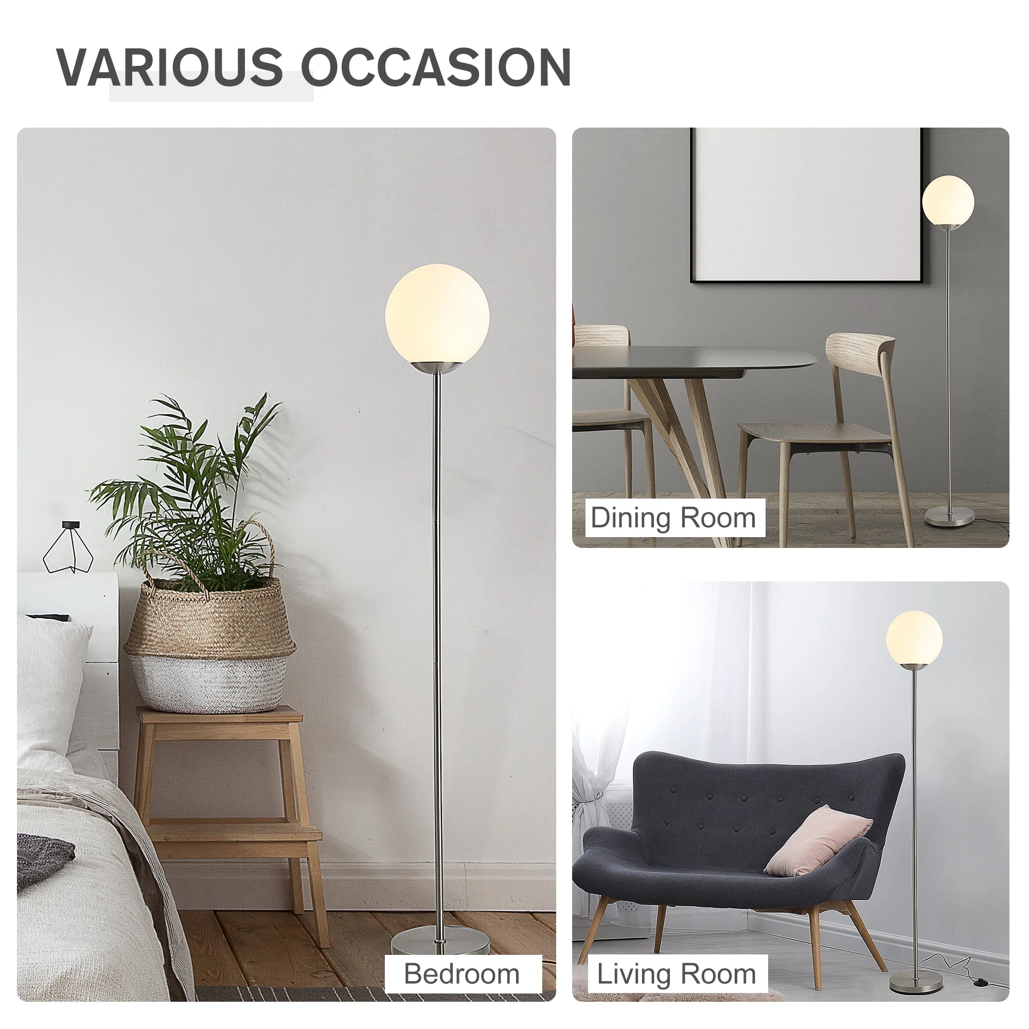 171cm Glass Globe Floor Lamp Metal Frame Sphere Light Pedal Switch Home Office Living Room Modern Unique Standing Beautiful Furnishing - Grey - Image 5