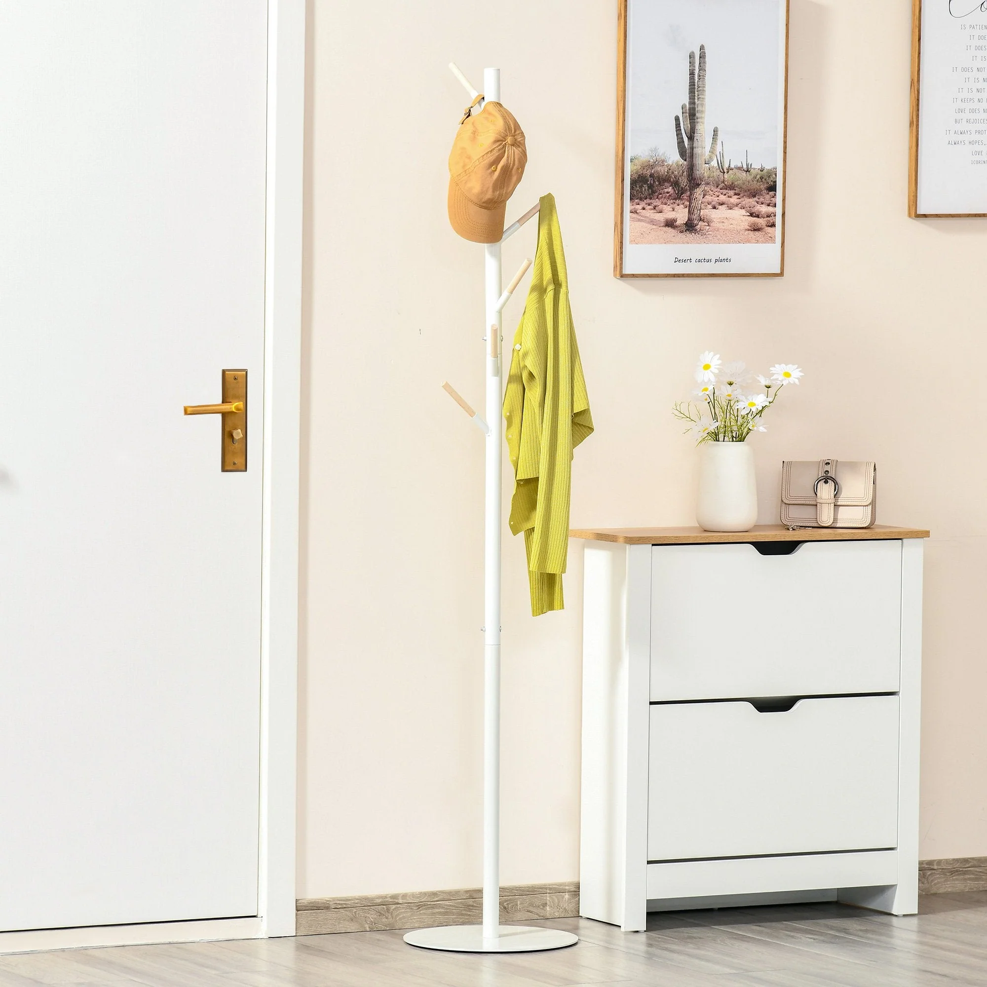 174cm Free Standing Coat Rack Stand With 6 Hooks Clothes Tree Hat Display Hall Tree Hanger Hanging Organizer For Hallway Bedroom Living Room White - Image 2