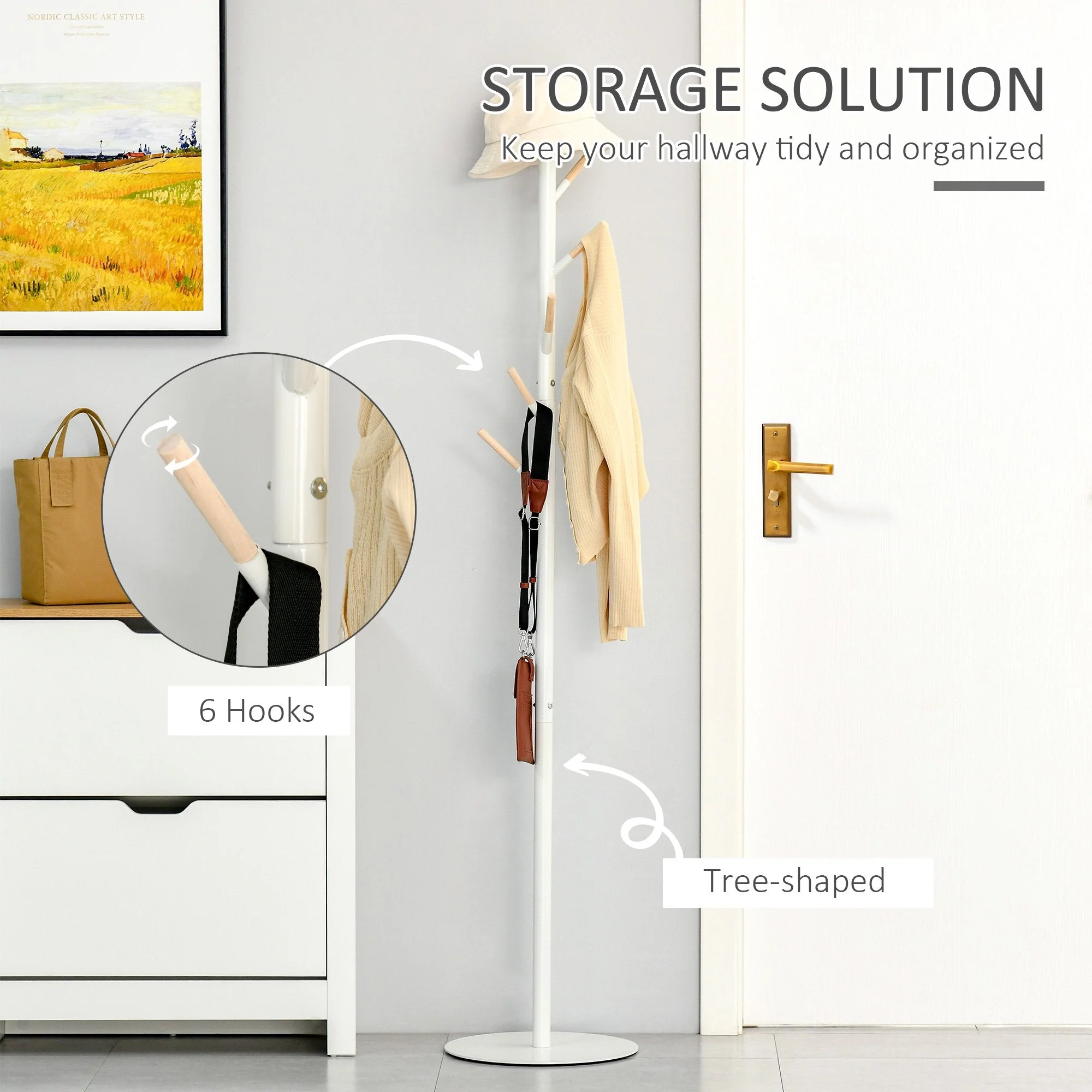 174cm Free Standing Coat Rack Stand With 6 Hooks Clothes Tree Hat Display Hall Tree Hanger Hanging Organizer For Hallway Bedroom Living Room White - Image 4