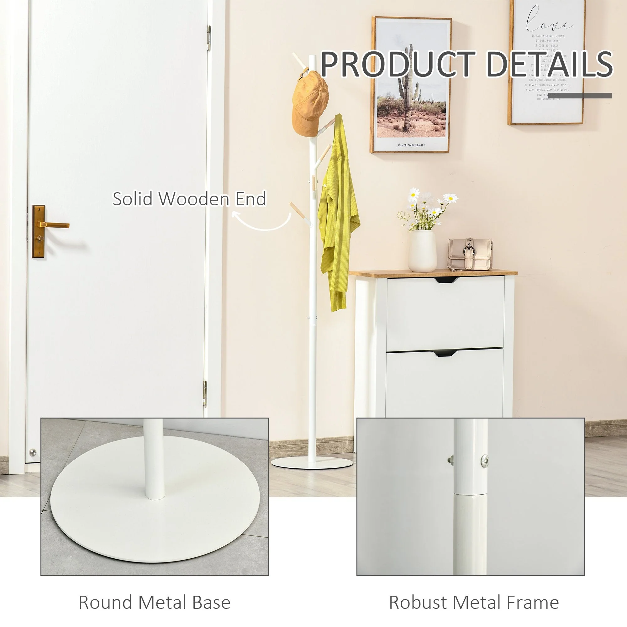 174cm Free Standing Coat Rack Stand With 6 Hooks Clothes Tree Hat Display Hall Tree Hanger Hanging Organizer For Hallway Bedroom Living Room White - Image 5