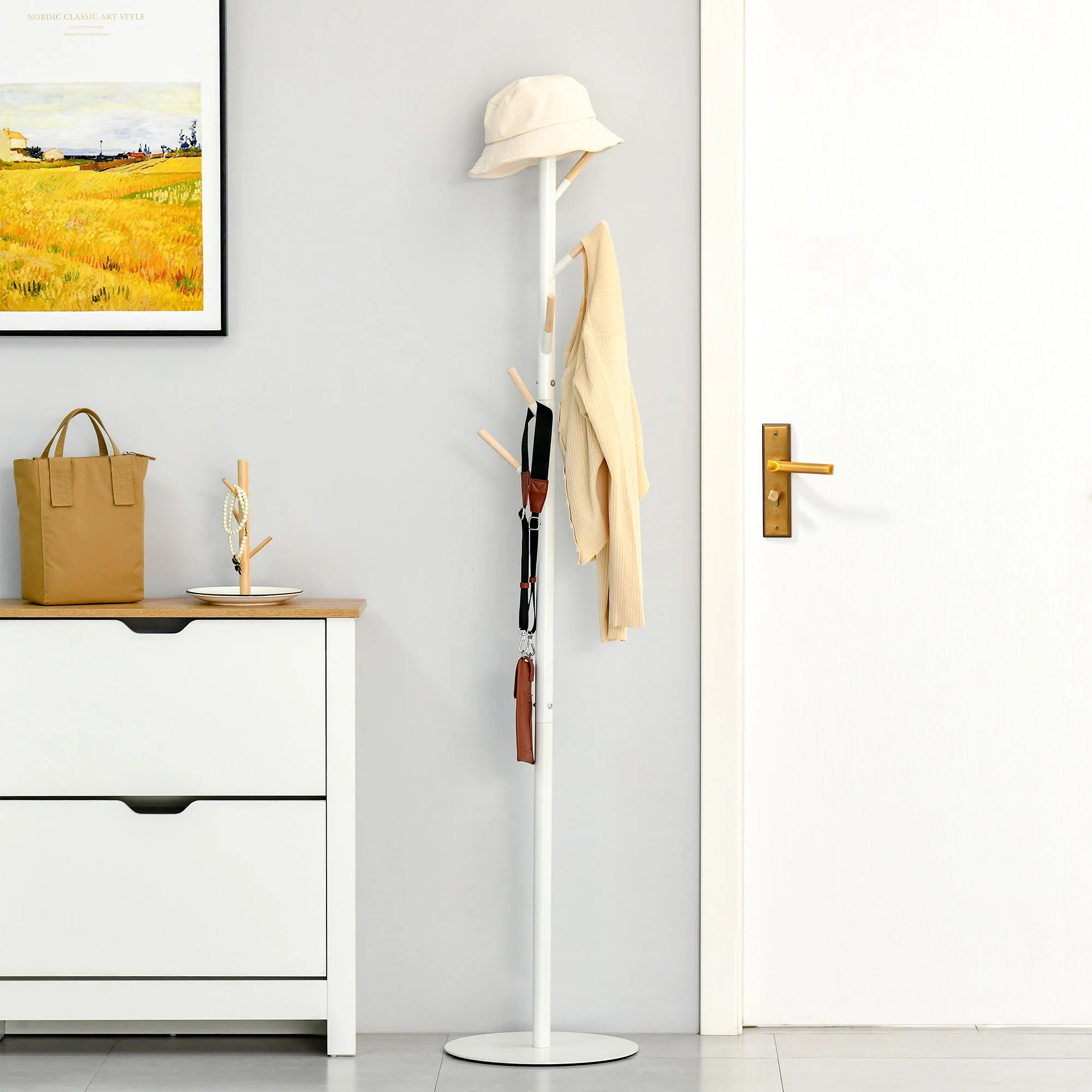 174cm Free Standing Coat Rack Stand With 6 Hooks Clothes Tree Hat Display Hall Tree Hanger Hanging Organizer For Hallway Bedroom Living Room White - Image 9