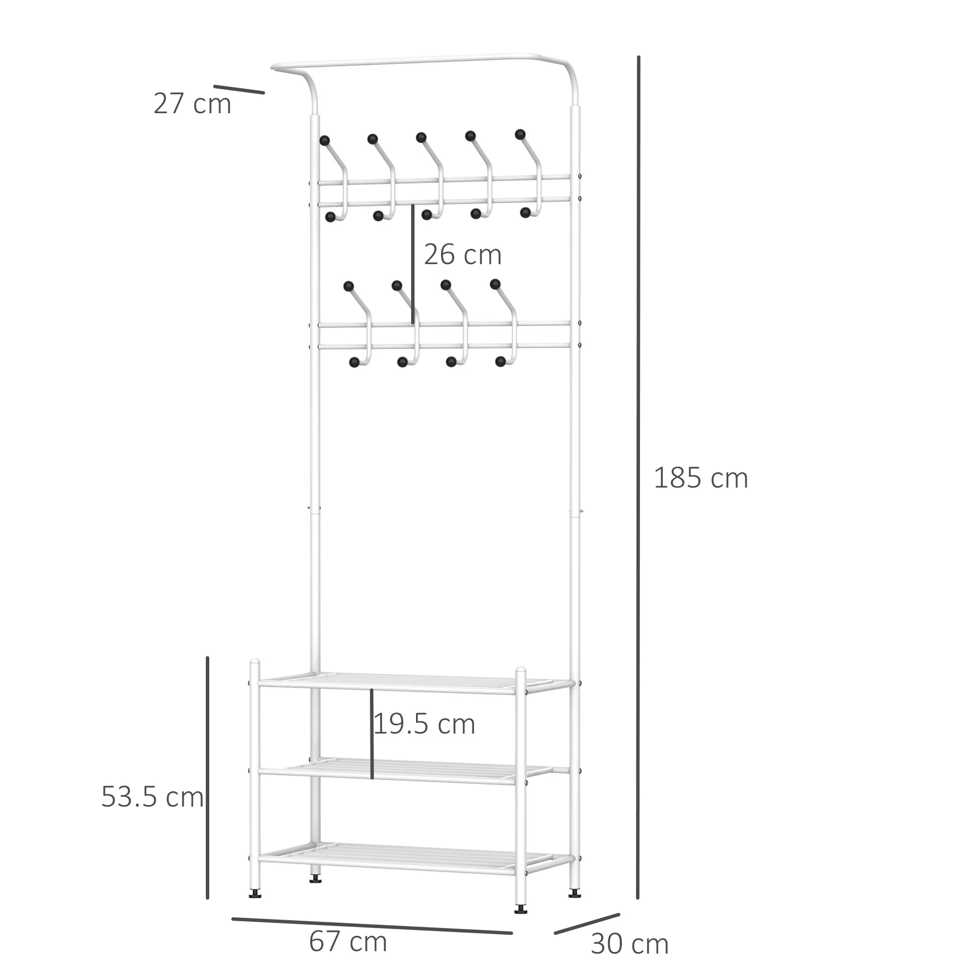 18 Hook Metal Frame Hallway Coat Hanger w/ 3-Tier Shoe Storage White - Image 3